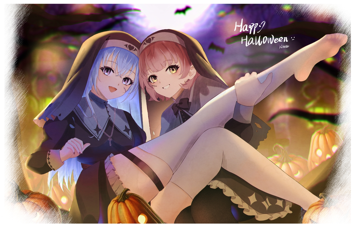 2girls, animal, bat, blue_hair, bow, dress, garter, halloween
