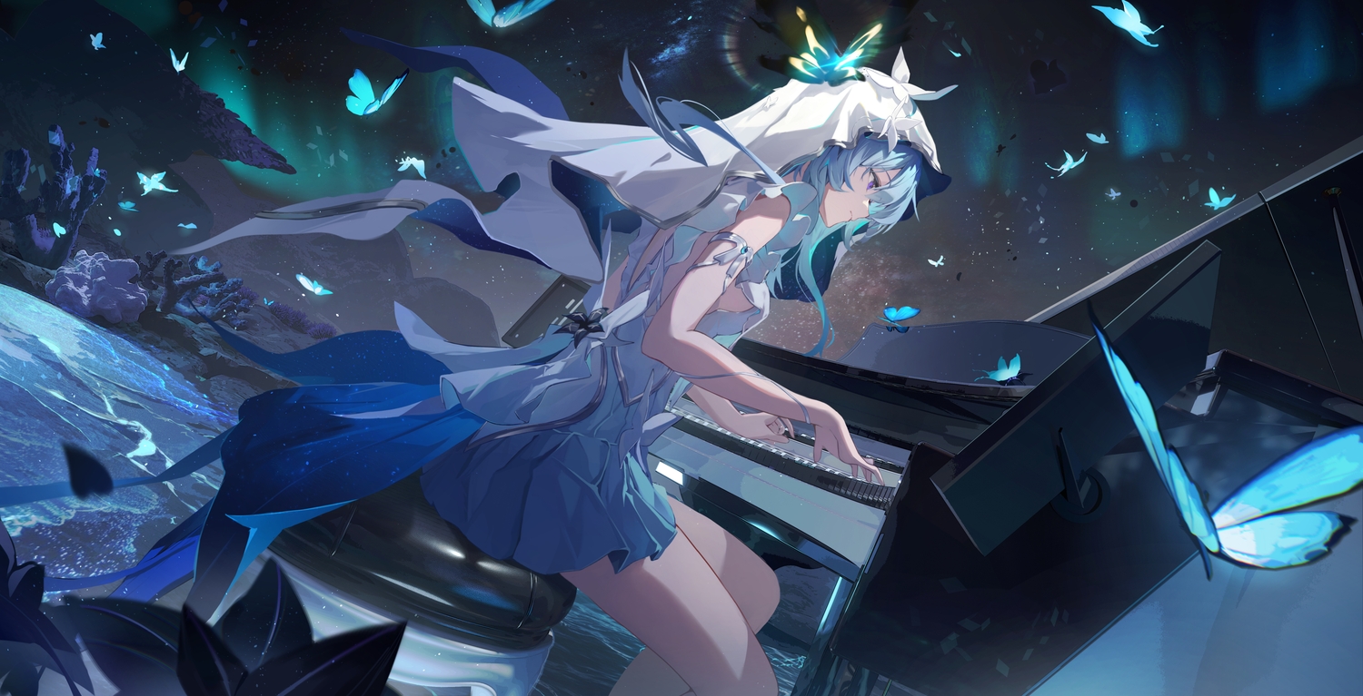 blue_hair, butterfly, dress, flowers, headdress, hishiki_(pixi14719710), instrument, night, piano, purple_eyes, shorekeeper_(wuthering_waves), sky, stars, wuthering_waves