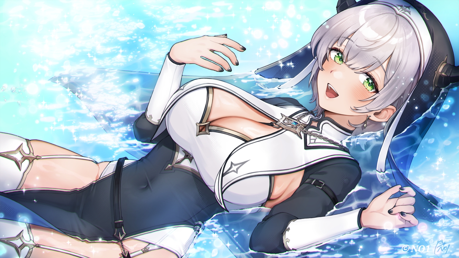 blush, breasts, cleavage, dress, garter_belt, gray_hair, green_eyes, headdress