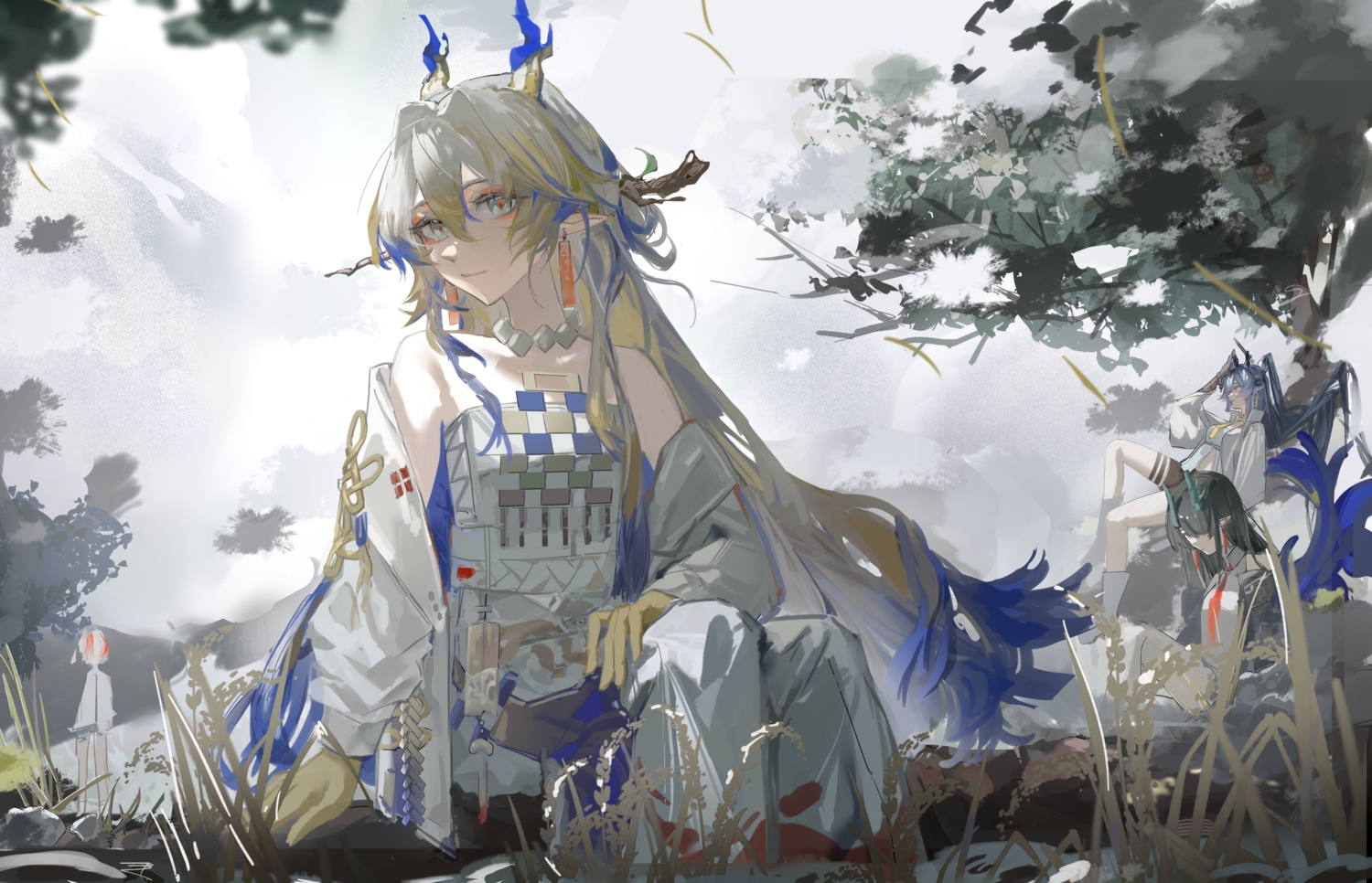 aqua_eyes, arknights, black_hair, blue_hair, boots, dusk_(arknights), enddie1060_(tyasakura), garter