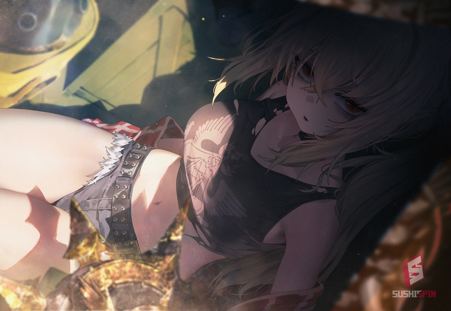 blonde_hair, blush, choker, long_hair, luciana_de_montefio, navel, ponytail, red_eyes