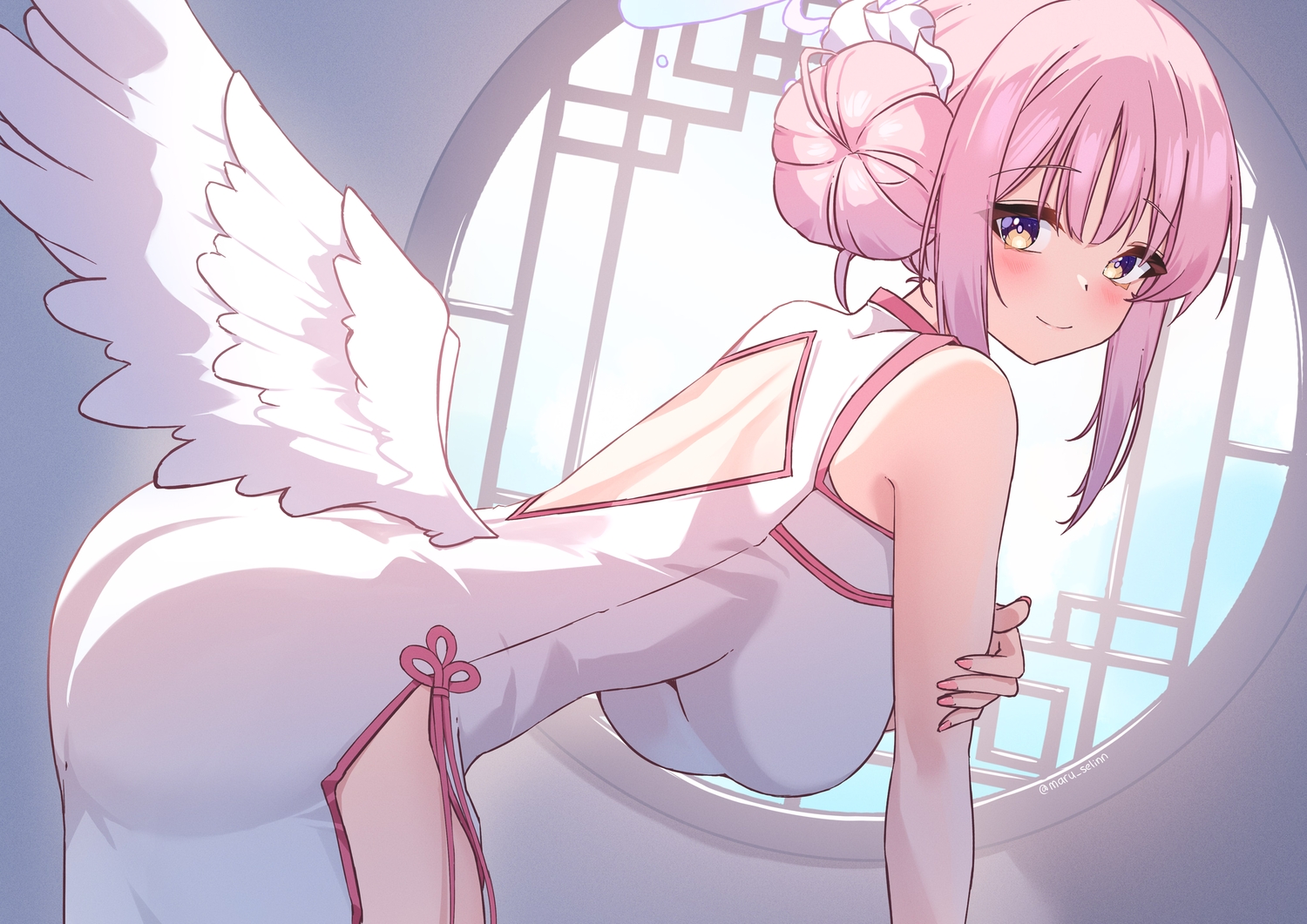 ass, blue_archive, blush, breasts, chinese_clothes, chinese_dress, dress, halo, maru.selinn, misono_mika, pink_hair, short_hair, signed, wings, yellow_eyes