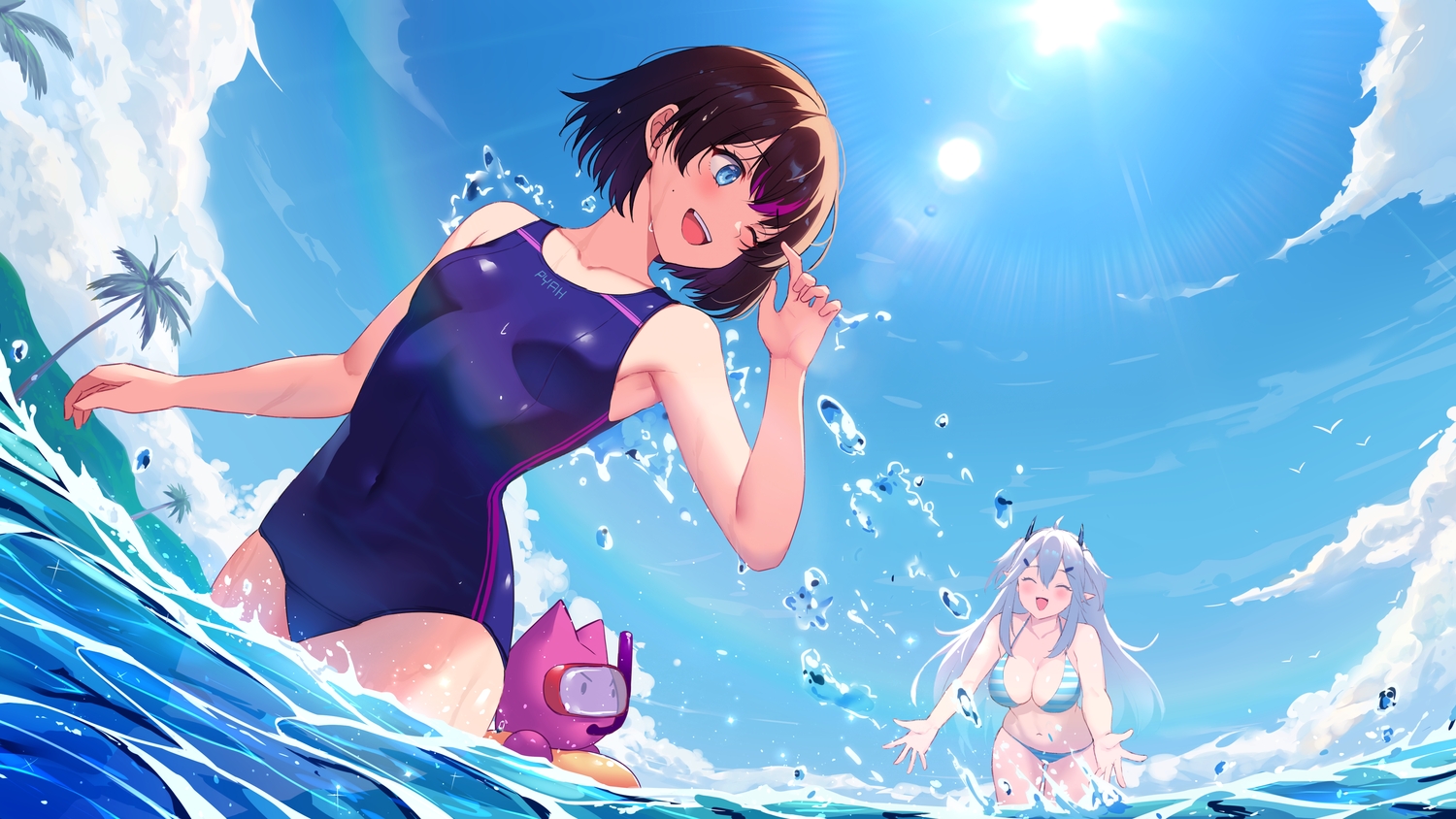 2girls, bikini, black_hair, blue_eyes, blush, breasts, cleavage, clouds, goggles, gray_hair, horns, kaitofuuma, navel, original, pointed_ears, short_hair, sky, swim_ring, swimsuit, tree, water, wink