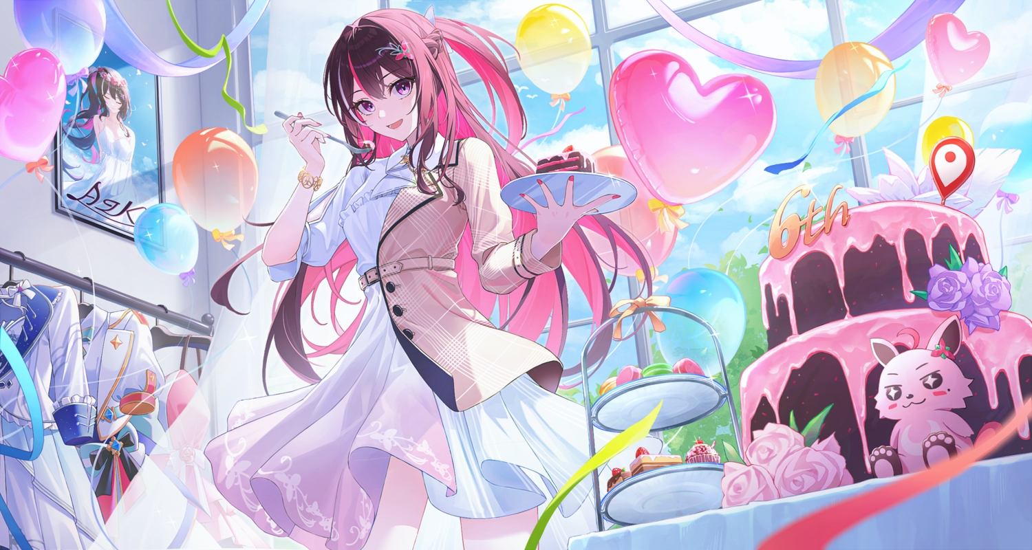 animal, azki_(hololive), bird, blush, brown_hair, cake, clouds, dress