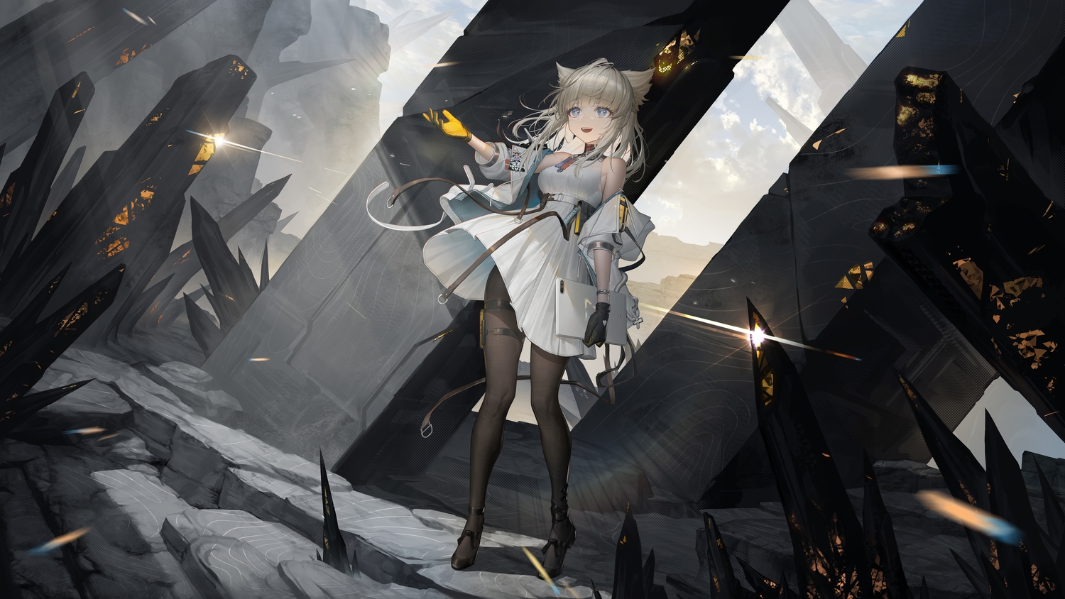 animal_ears, arknights, arknights:_endfield, blue_eyes, clouds, computer, dress, garter, gloves, pantyhose, perlica_(arknights), short_hair, skirt_lift, sky, soho_(user_dphk5745), wristwear