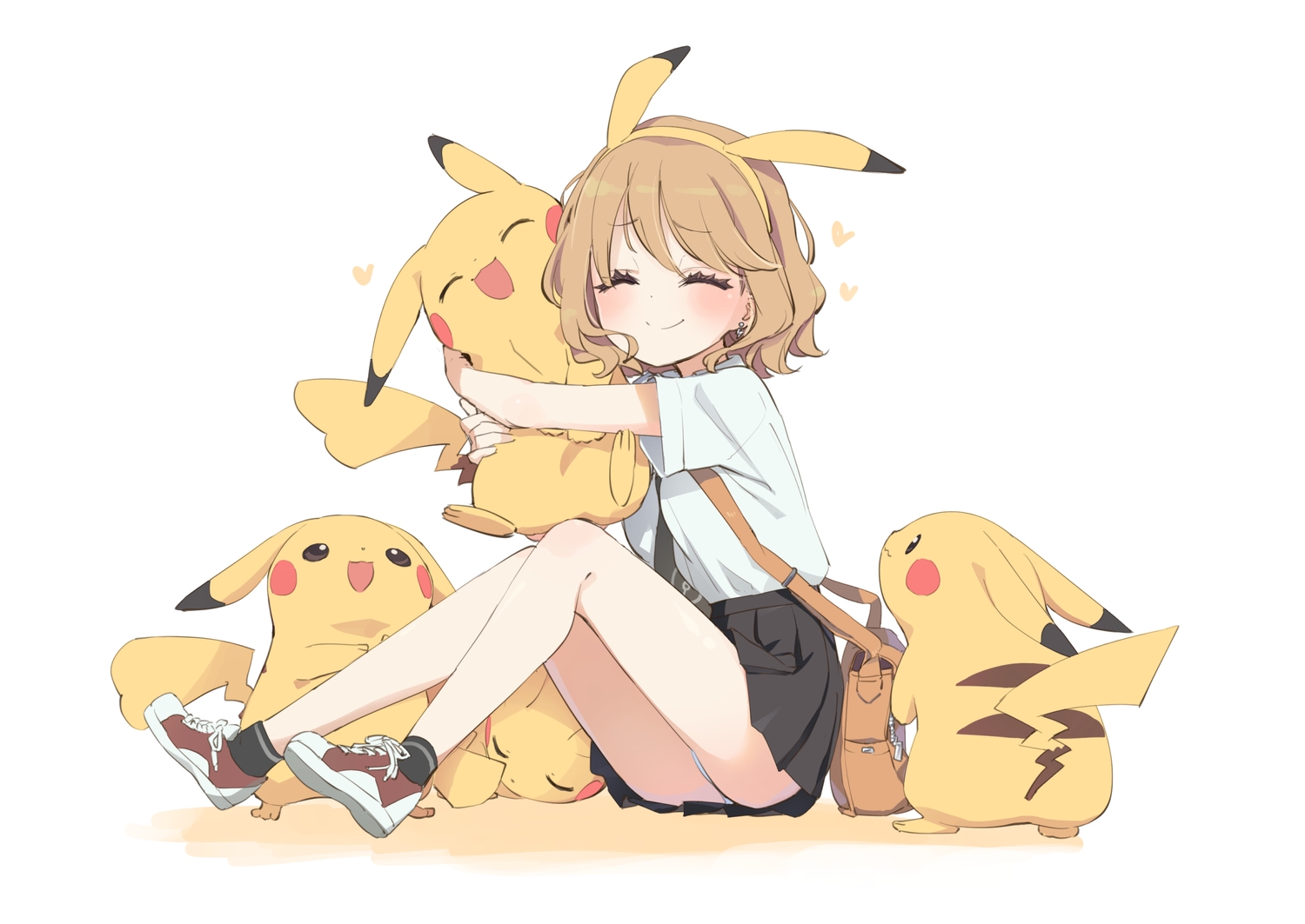 animal_ears, brown_hair, headband, heart, homura_subaru, hug, panties, pikachu
