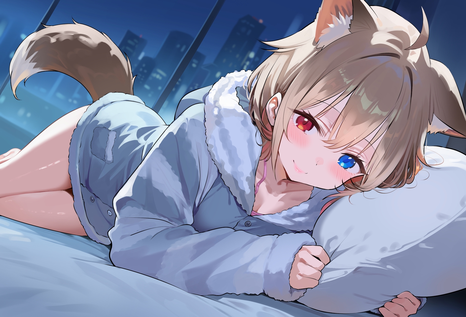 animal_ears, barefoot, bed, bicolored_eyes, blush, brown_hair, building, city, close, doggirl, hasuki_rui, hood, ichi-jirushi, indie_virtual_youtuber, night, pajamas, short_hair, tail