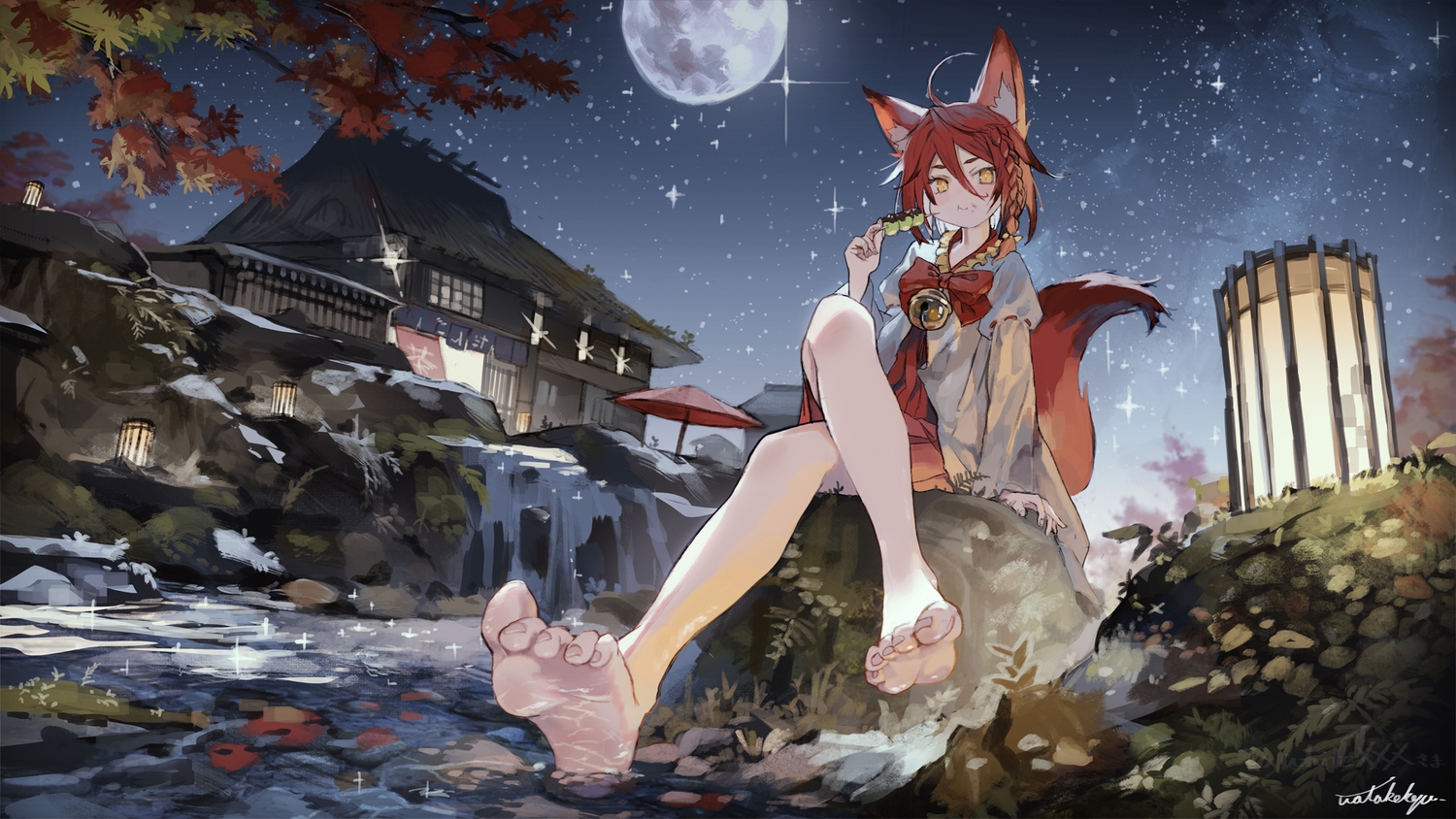 animal_ears, autumn, barefoot, bell, bow, braids, building, dress, food, foxgirl, japanese_clothes, leaves, moon, original, red_hair, short_hair, signed, sky, stars, tail, tree, umbrella, watakokyu, water, yellow_eyes