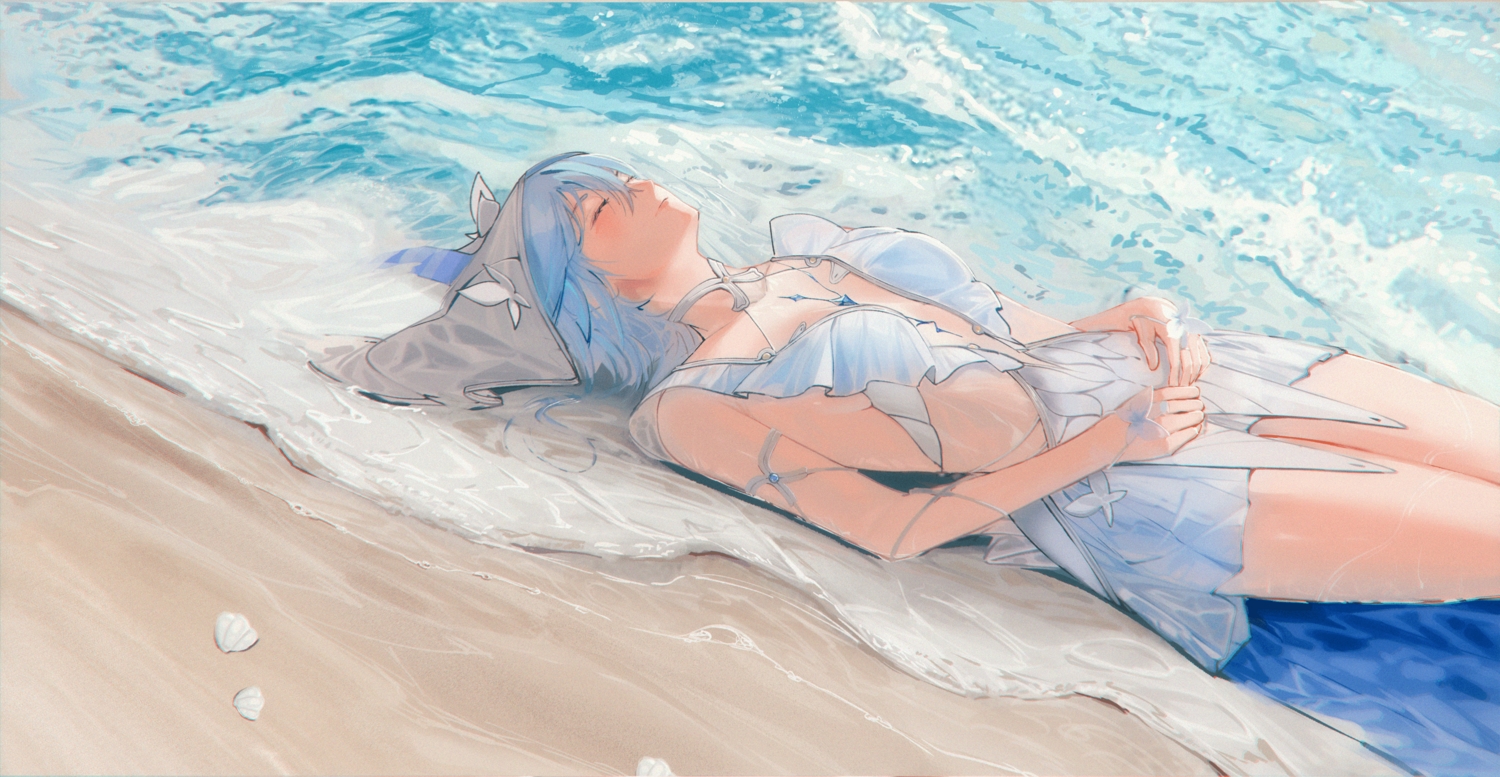 beach, blue_hair, dress, headdress, lufi_ays, see_through, shorekeeper_(wuthering_waves), short_hair