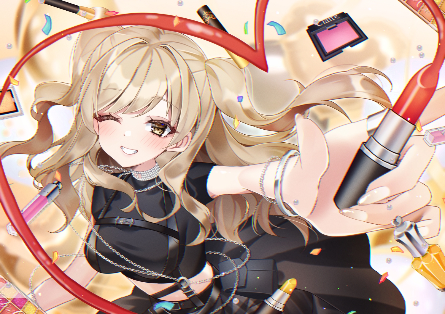 blush, brown_eyes, brown_hair, chain, chierishu, close, long_hair, necklace, nijisanji, sister_cleaire, skirt, twintails, wink, wristwear
