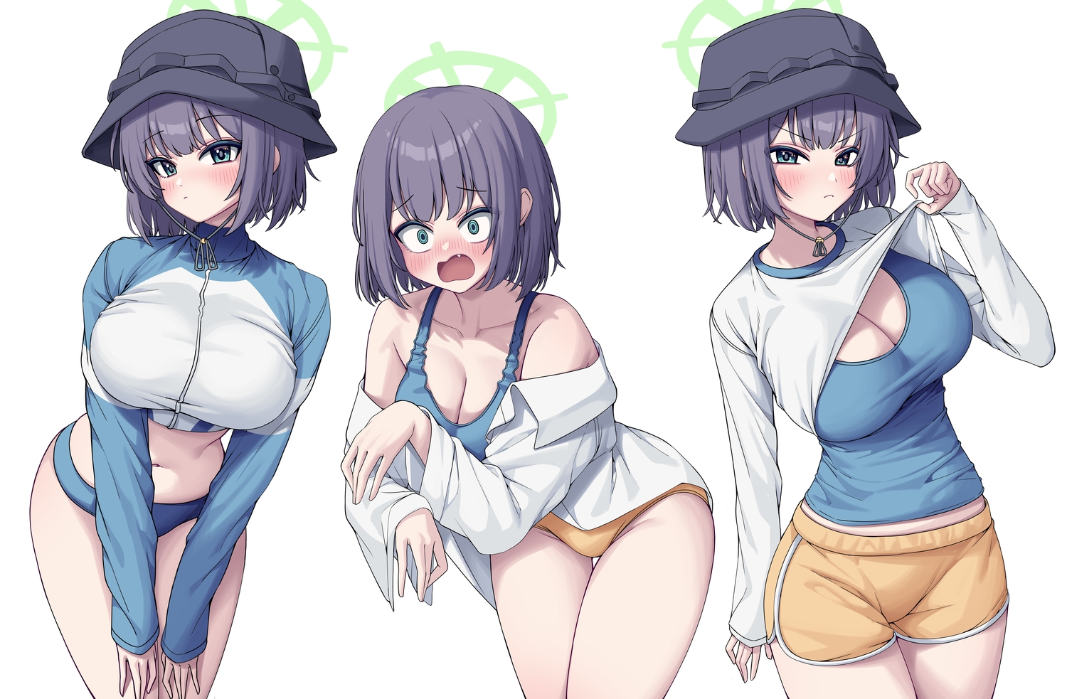 aqua_eyes, black_hair, blue_archive, blush, breasts, cleavage, fang, halo, hat, metaljelly, navel, open_shirt, shirt, shirt_lift, short_hair, shorts, sorai_saki, swimsuit, white