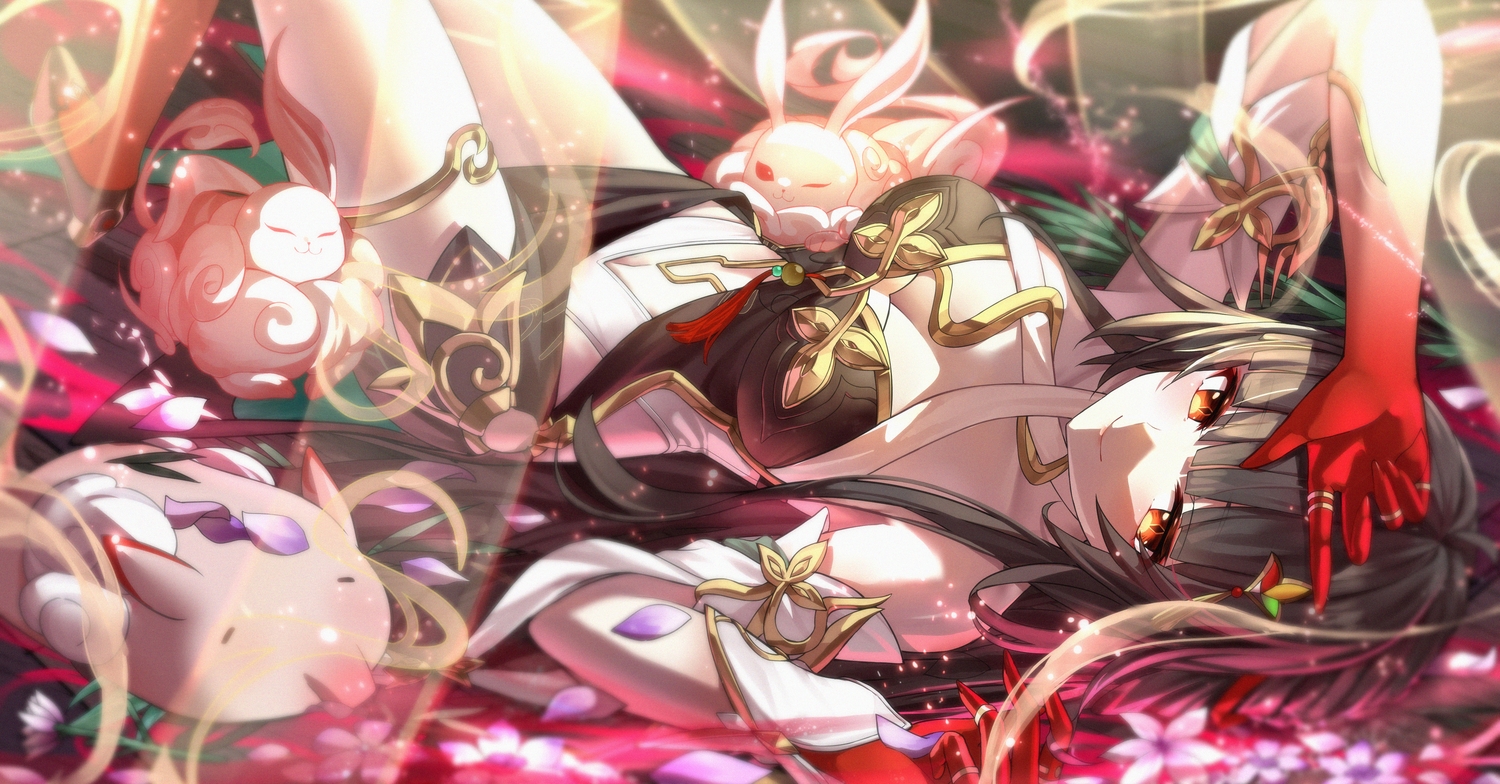 animal, breasts, brown_hair, cleavage, dress, flowers, garter, geez
