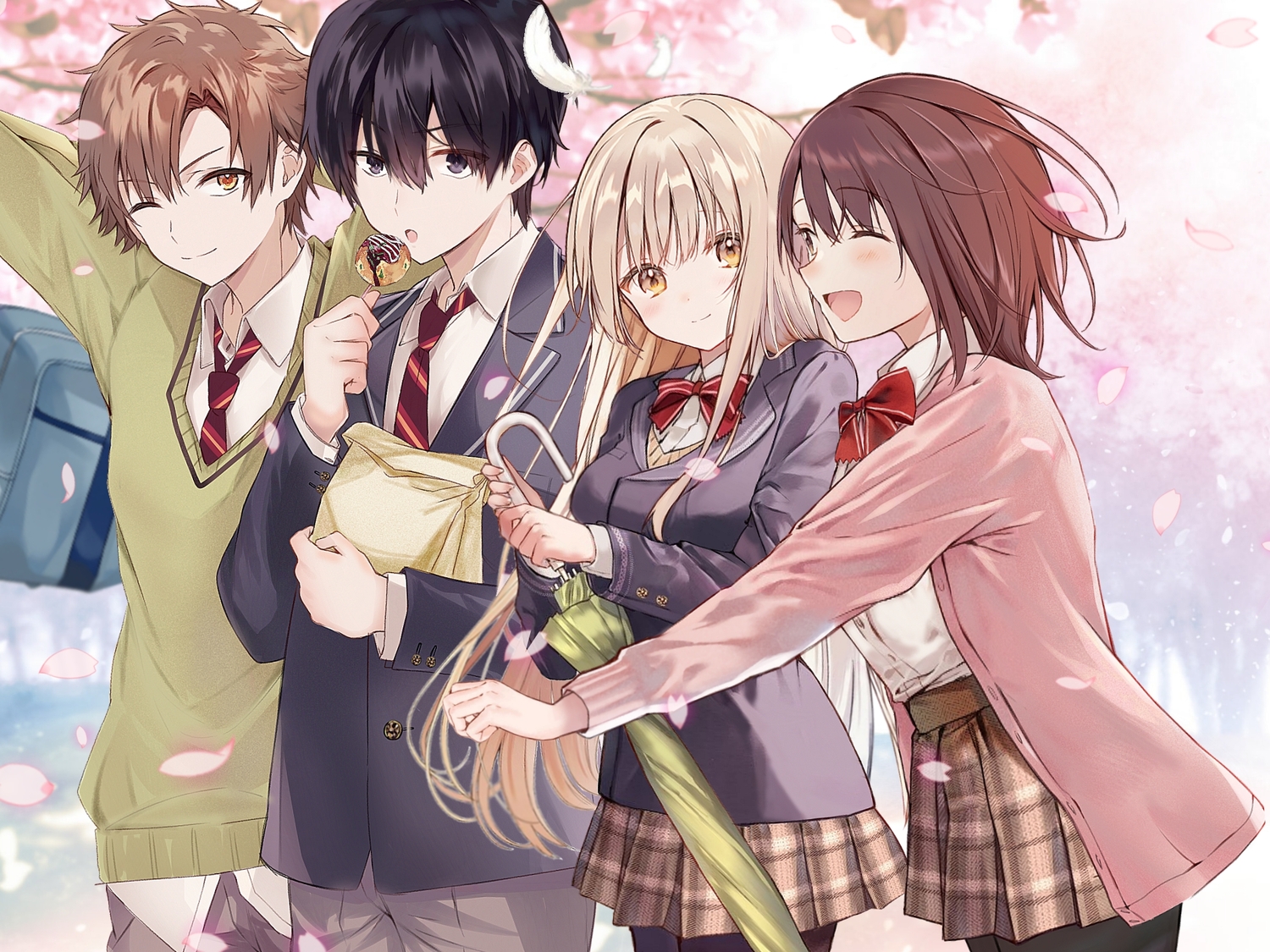 akazawa_itsuki, black_eyes, black_hair, blonde_hair, blush, bow, brown_hair, cherry_blossoms, flowers, fujimiya_amane, group, long_hair, male, otonari_no_tenshi_sama_ni_itsunomanika_dame_ningen_ni_sareteita_ken, petals, saint_laurent_paris, school_uniform, shiina_mahiru, shirakawa_chitose, shirt, short_hair, skirt, tie, umbrella, wink