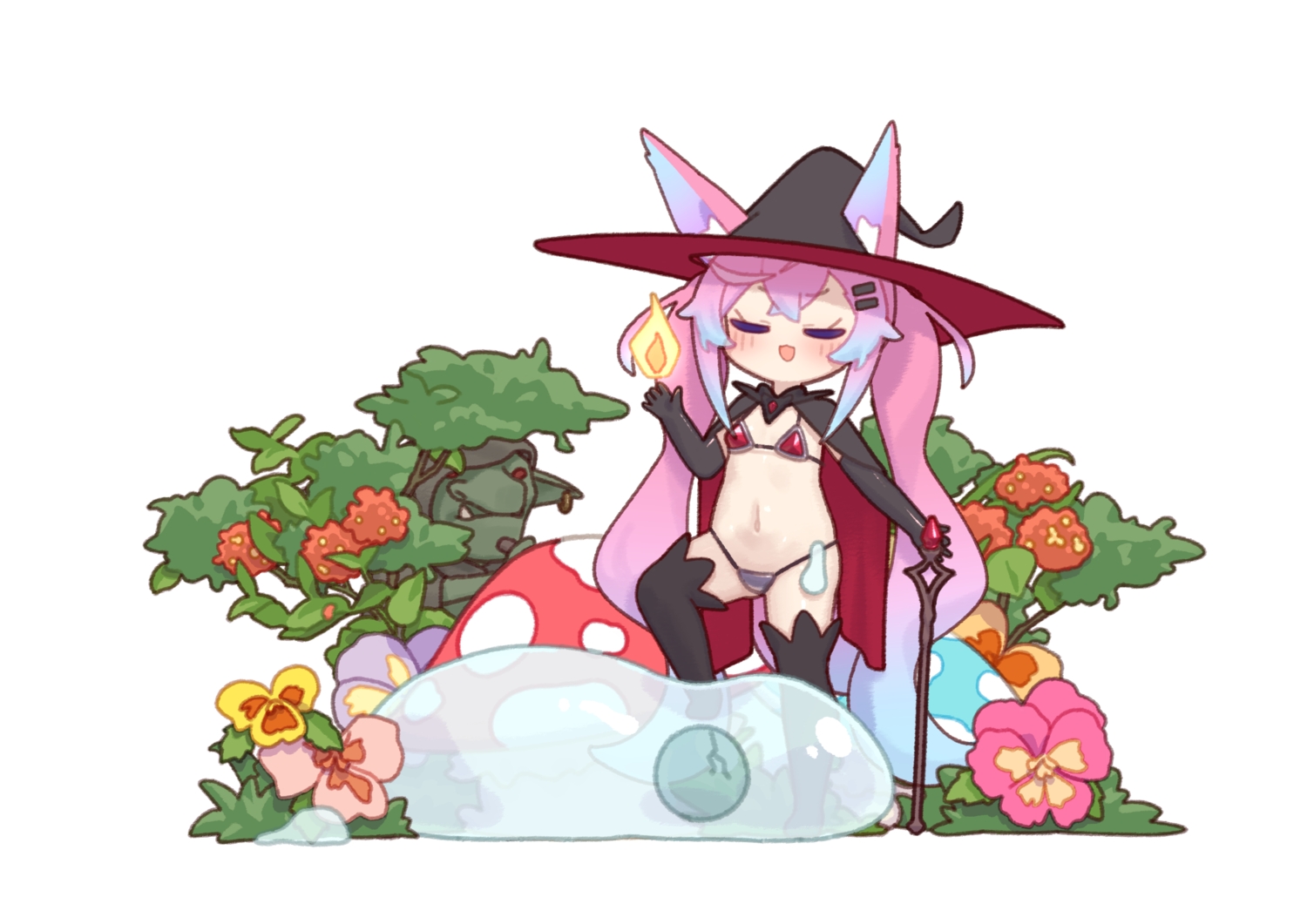 animal_ears, bikini, blush, cape, cat_smile, chibi, fire, flowers, foxgirl, hat, indie_virtual_youtuber, leaves, long_hair, magic, pink_hair, shippitsu, staff, swimsuit, tail, teletha_(vtuber), thighhighs, twintails, white, witch_hat