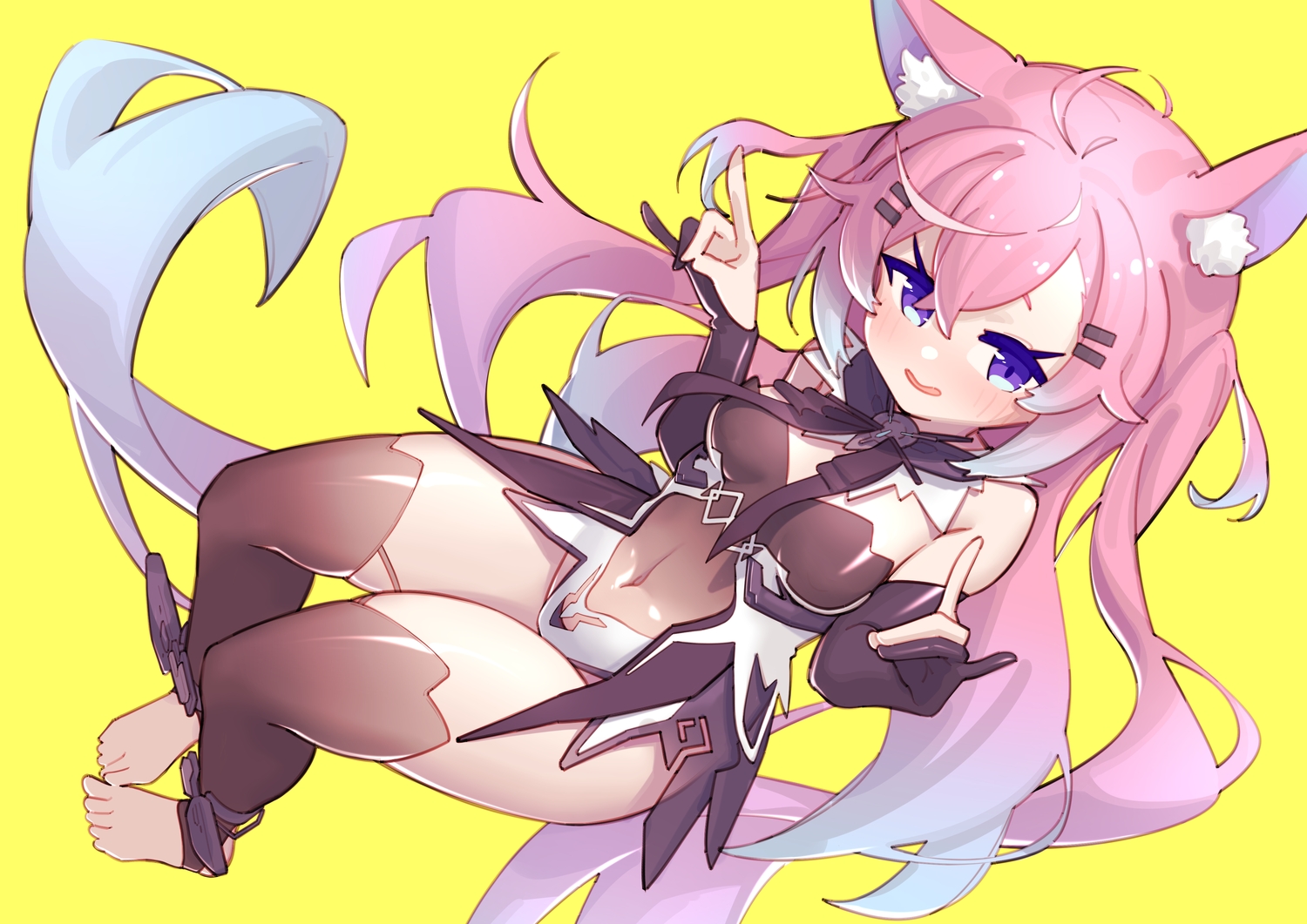 barefoot, blush, bow, elbow_gloves, foxgirl, gloves, indie_virtual_youtuber, leotard, long_hair, navel, pink_hair, purple_eyes, ribbons, see_through, shippitsu, tail, teletha_(vtuber), thighhighs, yellow