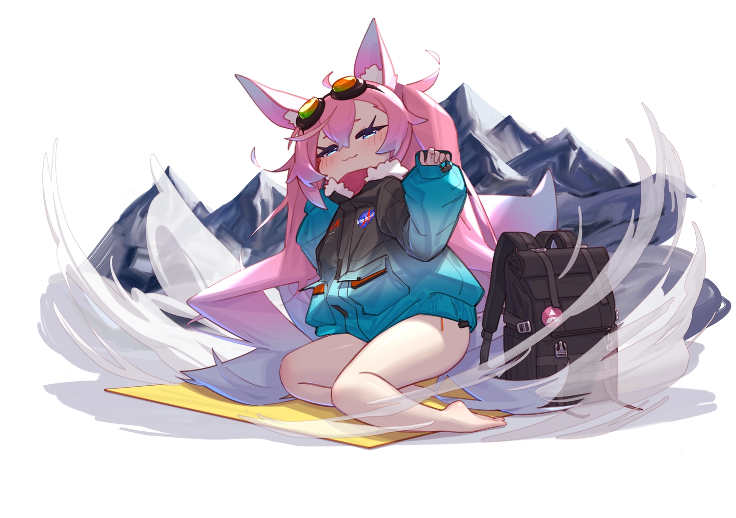 animal_ears, barefoot, blush, cat_smile, foxgirl, goggles, indie_virtual_youtuber, loli, long_hair, pink_hair, purple_eyes, scarf, shippitsu, tail, teletha_(vtuber), twintails