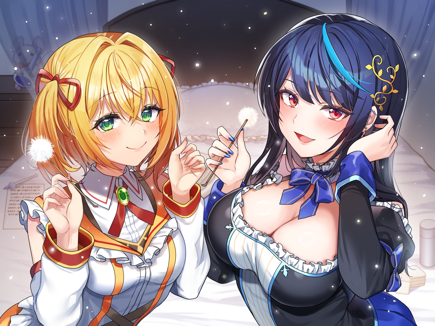 2girls, bed, black_hair, blonde_hair, blush, breasts, cleavage, green_eyes