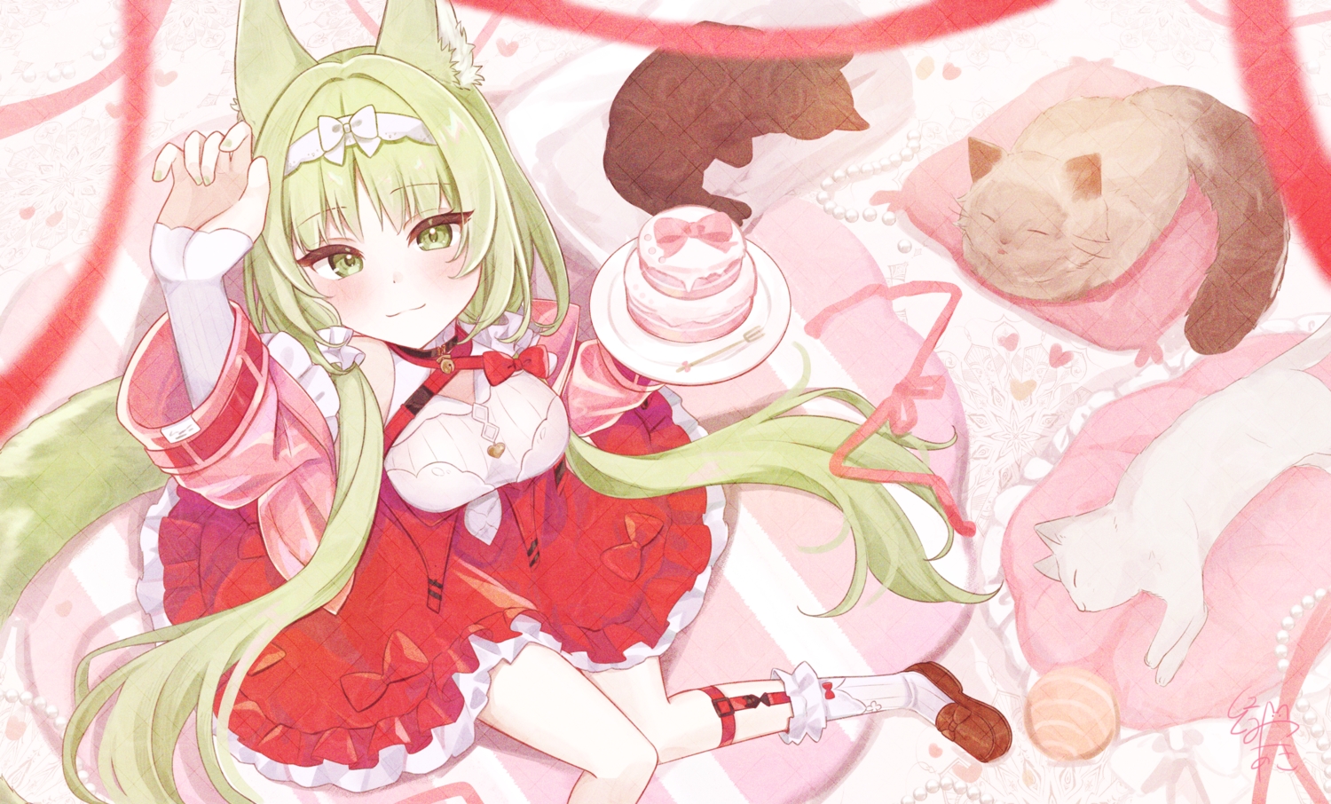 animal, animal_ears, arknights, bell, blush, bow, cake, cat, catgirl, collar, dress, food, garter, green_eyes, green_hair, harmonie_(arknights), headband, kneehighs, lolita_fashion, long_hair, nishimiya_aki, ribbons, signed, tail, twintails