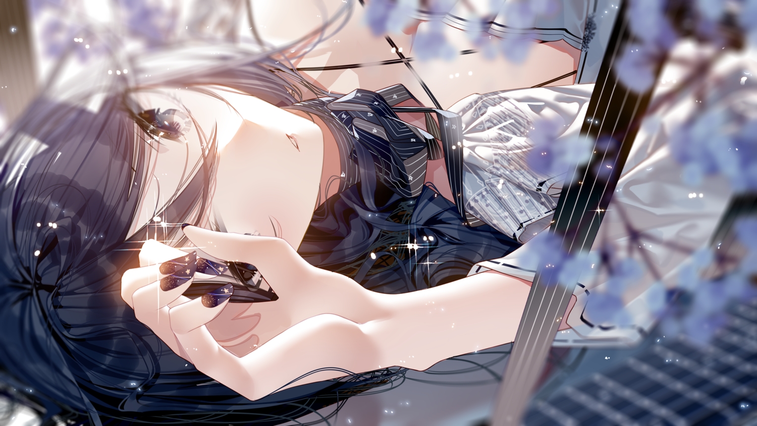 atha, black_eyes, black_hair, breasts, cleavage, close, hoshino_ichika, long_hair, project_sekai, ribbons