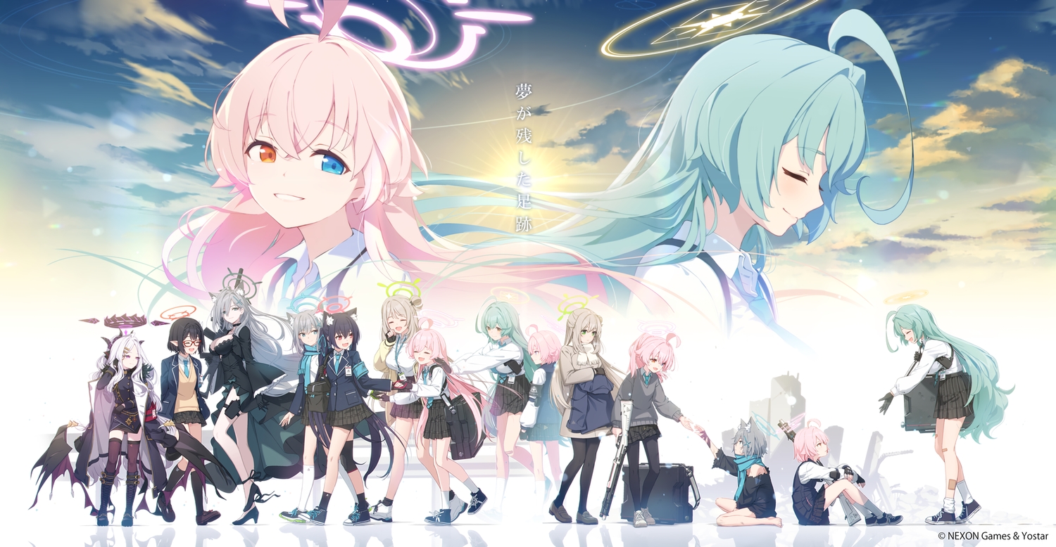 animal_ears, aqua_eyes, aqua_hair, azumi_akitake, bandaid, bicolored_eyes, black_hair, blue_archive, boots, breasts, brown_hair, cape, catgirl, cleavage, clouds, dress, garter, gloves, gray_hair, green_eyes, group, gun, halo, horns, izayoi_nonomi, kneehighs, kuchinashi_yume, kuromi_serika, loli, long_hair, military, okusora_ayane, orange_eyes, pantyhose, pink_hair, pointed_ears, ponytail, purple_eyes, red_eyes, scarf, school_uniform, shiroko_(terror)_(blue_archive), shirt, short_hair, skirt, sky, sorasaki_hina, sunaookami_shiroko, takanashi_hoshino, thighhighs, tie, torn_clothes, twintails, uniform, weapon, white_hair, wings, wolfgirl, zettai_ryouiki