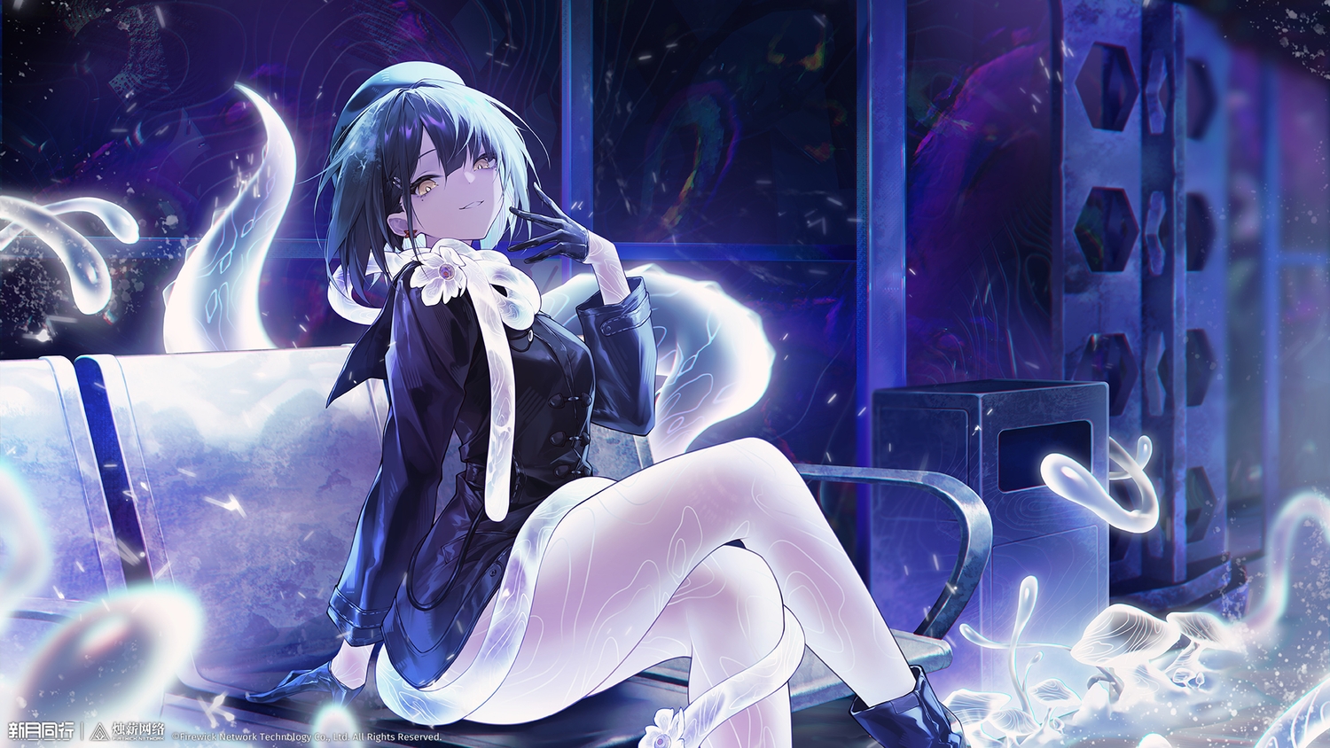 black_hair, boots, dress, gloves, hat, jie_(xinyue_tongxing), jiusan_naitan, logo, short_hair, tentacles, watermark, xinyue_tongxing, yellow_eyes