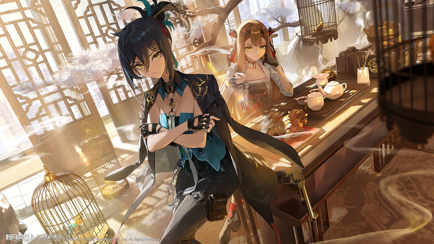 2girls, 3d, animal, bird, black_hair, breasts, brown_hair, cage, cape, chain, chinese_clothes, cleavage, drink, garter, gloves, gun, headband, logo, long_hair, longjing_(xinyue_tongxing), shixi_(xinyue_tongxing), short_hair, tree, ttk_(kirinottk), watermark, weapon, xinyue_tongxing, yellow_eyes