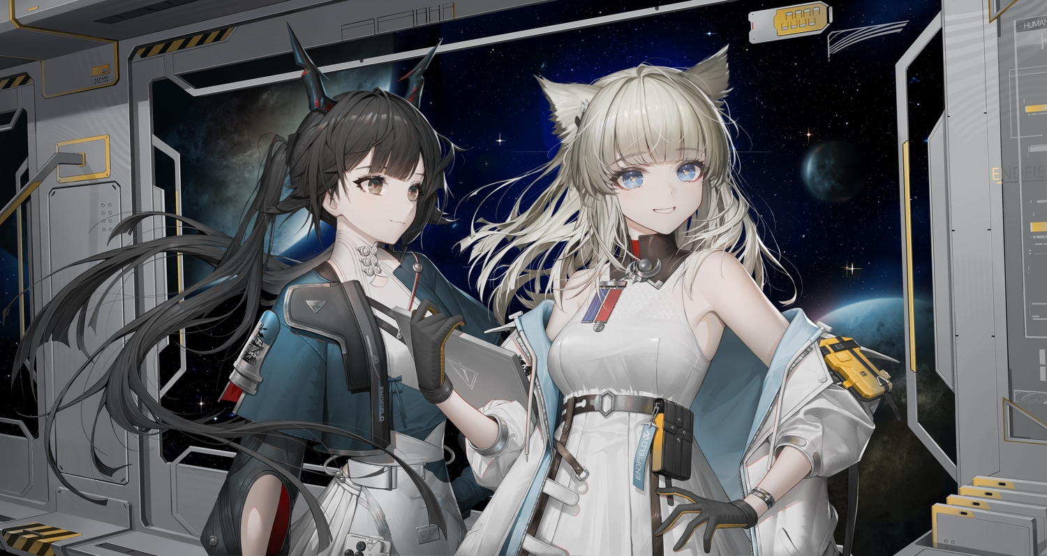2girls, arknights, arknights:_endfield, black_hair, blue_eyes, brown_eyes, chen_qianyu_(arknights), chinese_clothes