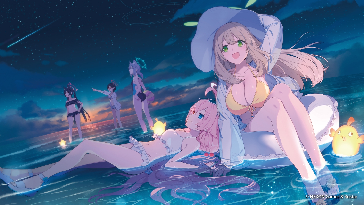 azumi_akitake, ball, bicolored_eyes, bikini, black_hair, blue_archive, blush, breasts, brown_hair, catgirl, cleavage, clouds, glasses, gray_hair, green_eyes, group, halo, hat, hood, izayoi_nonomi, kuromi_serika, long_hair, navel, night, okusora_ayane, pink_hair, pointed_ears, ponytail, red_eyes, see_through, short_hair, skirt, sky, stars, sunaookami_shiroko, sunglasses, sunset, swim_ring, swimsuit, takanashi_hoshino, twintails, water, wolfgirl