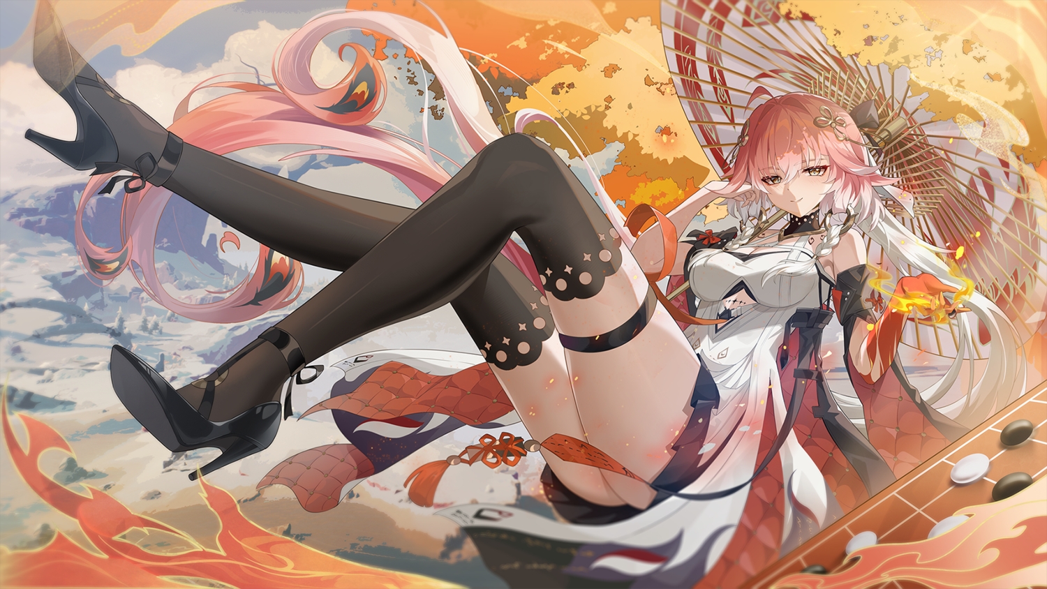 blush, braids, breasts, changli_(wuthering_waves), cleavage, clouds, dress, fire
