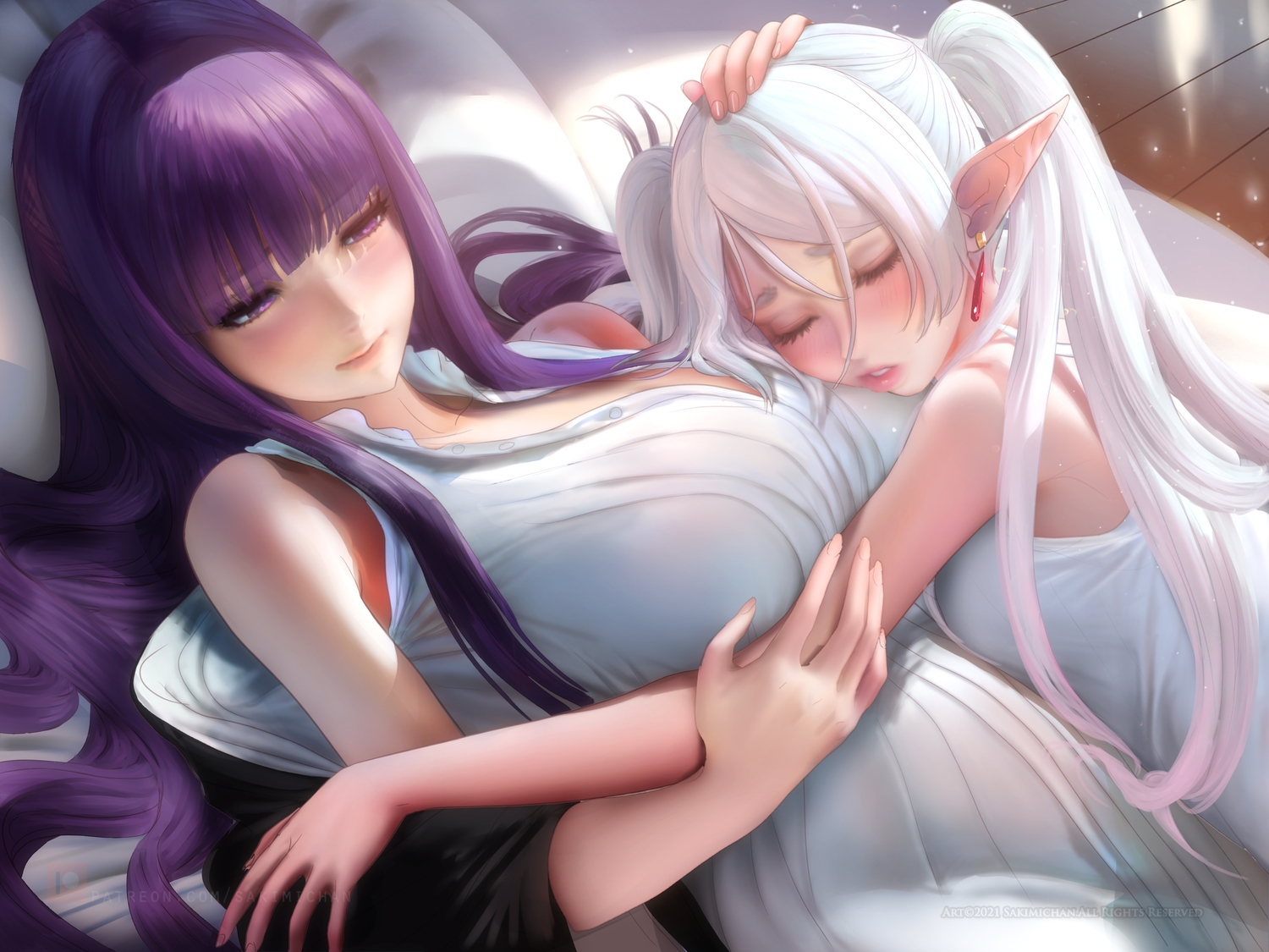 2girls, bed, blush, breasts, dress, fern_(sousou_no_frieren), frieren, hug, long_hair, pointed_ears, purple_eyes, purple_hair, sakimichan, shoujo_ai, sleeping, sousou_no_frieren, twintails, white_hair