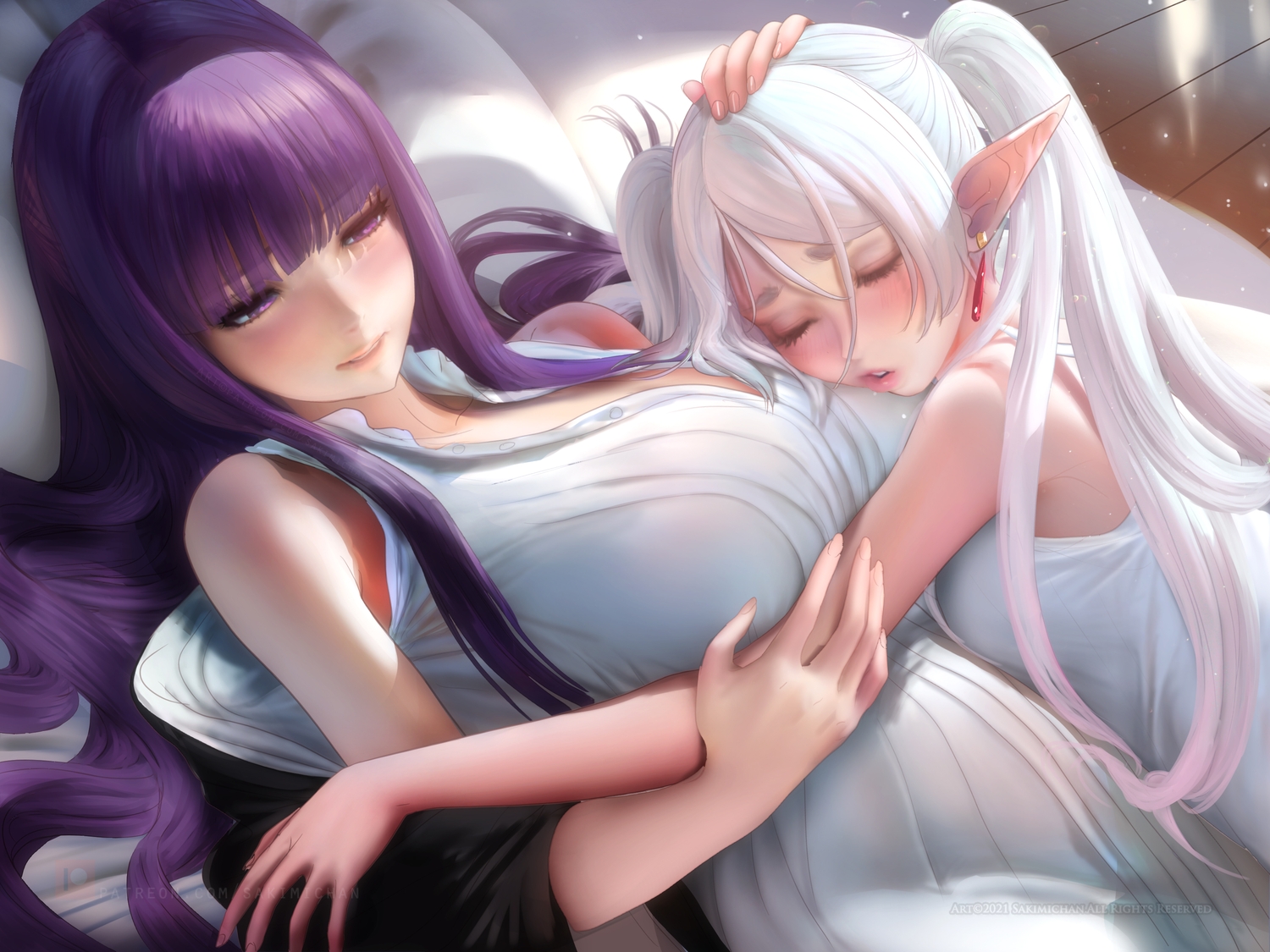 2girls, bed, blush, breasts, dress, fern_(sousou_no_frieren), frieren, hug