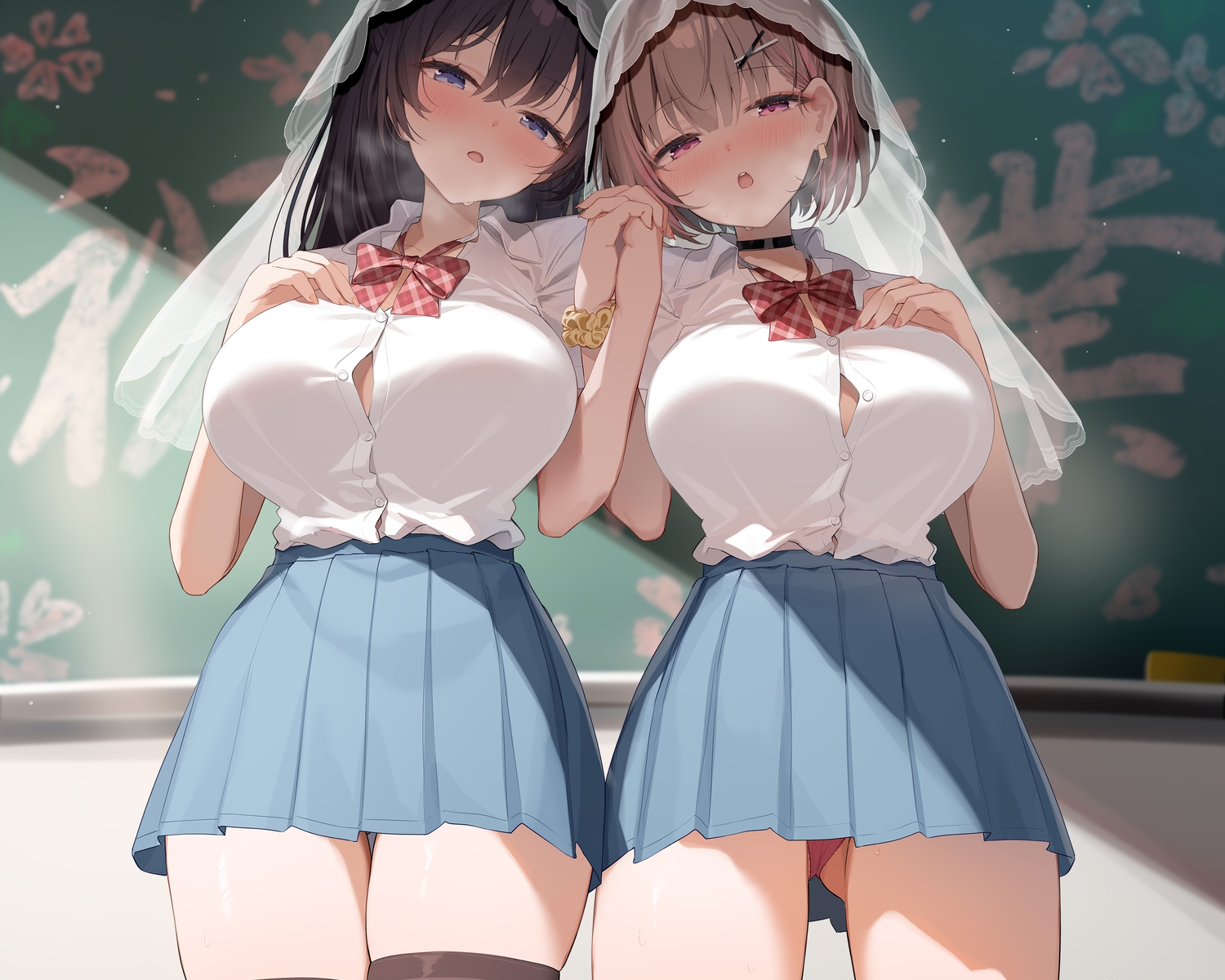 2girls, aoharu_x_fetishism, blue_eyes, blush, breast_hold, choker, cropped, headdress, long_hair, nijihashi_sora, original, panties, purple_eyes, school_uniform, short_hair, thighhighs, underwear, wristwear
