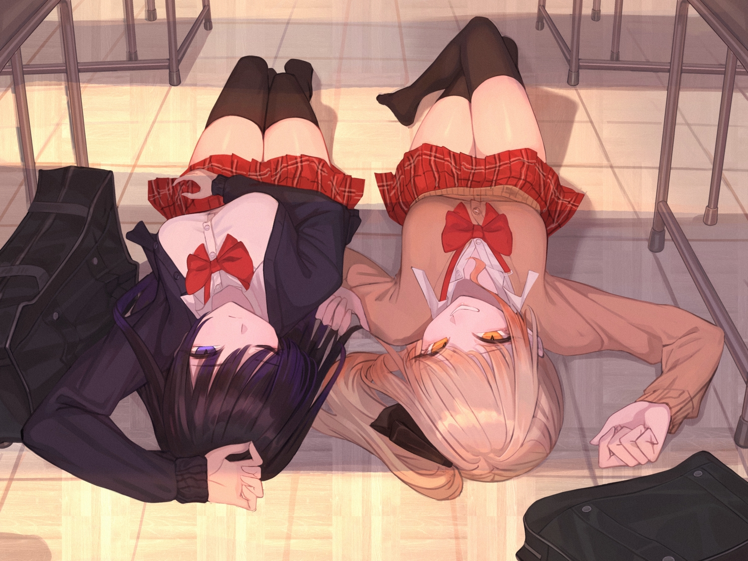 2girls, black_hair, brown_hair, long_hair, moco_(moco_28), original, purple_eyes, school_uniform