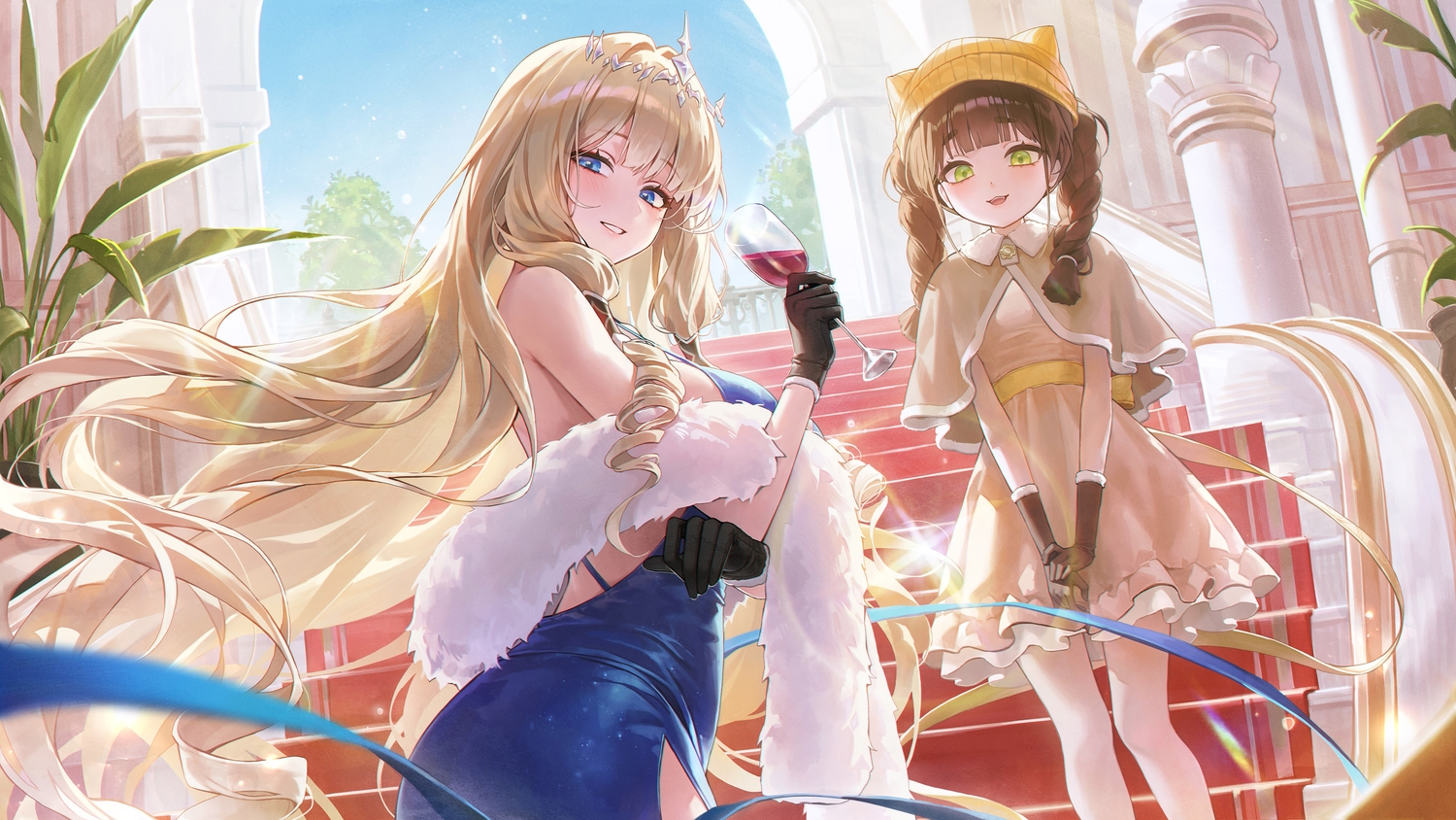 2girls, animal_ears, blonde_hair, blue_eyes, blush, braids, brown_hair, cape, cat_smile, chime_(nikke), crown_(nikke), dress, drink, elbow_gloves, gloves, goddess_of_victory:_nikke, green_eyes, hat, headdress, leaves, loli, meoyo, ribbons, sky, stairs, tree, twintails