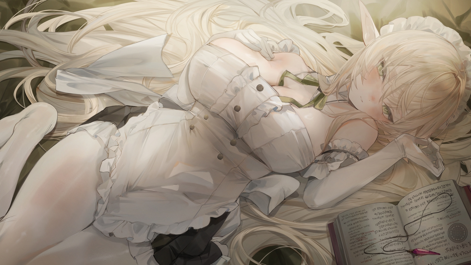 apron, bed, blonde_hair, blush, book, bow, breast_hold, breasts