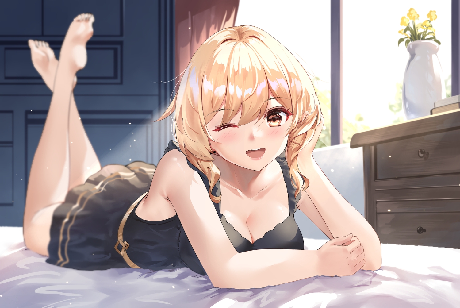 barefoot, blonde_hair, blush, breasts, brown_eyes, chahei, cleavage, dress