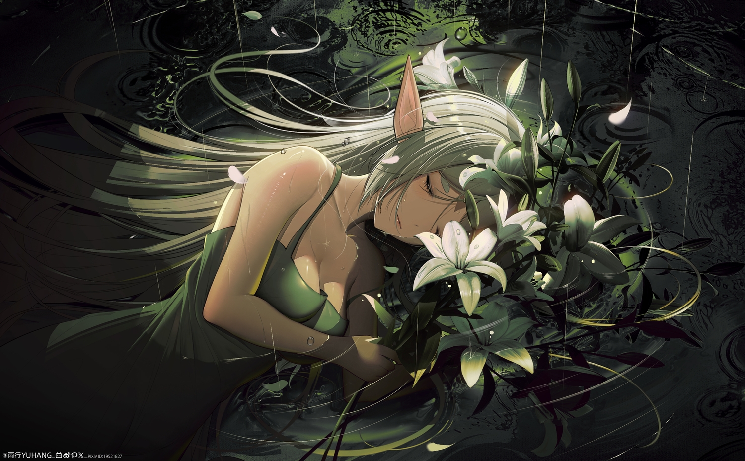 blush, breasts, cleavage, dress, flowers, frieren, gray_hair, green