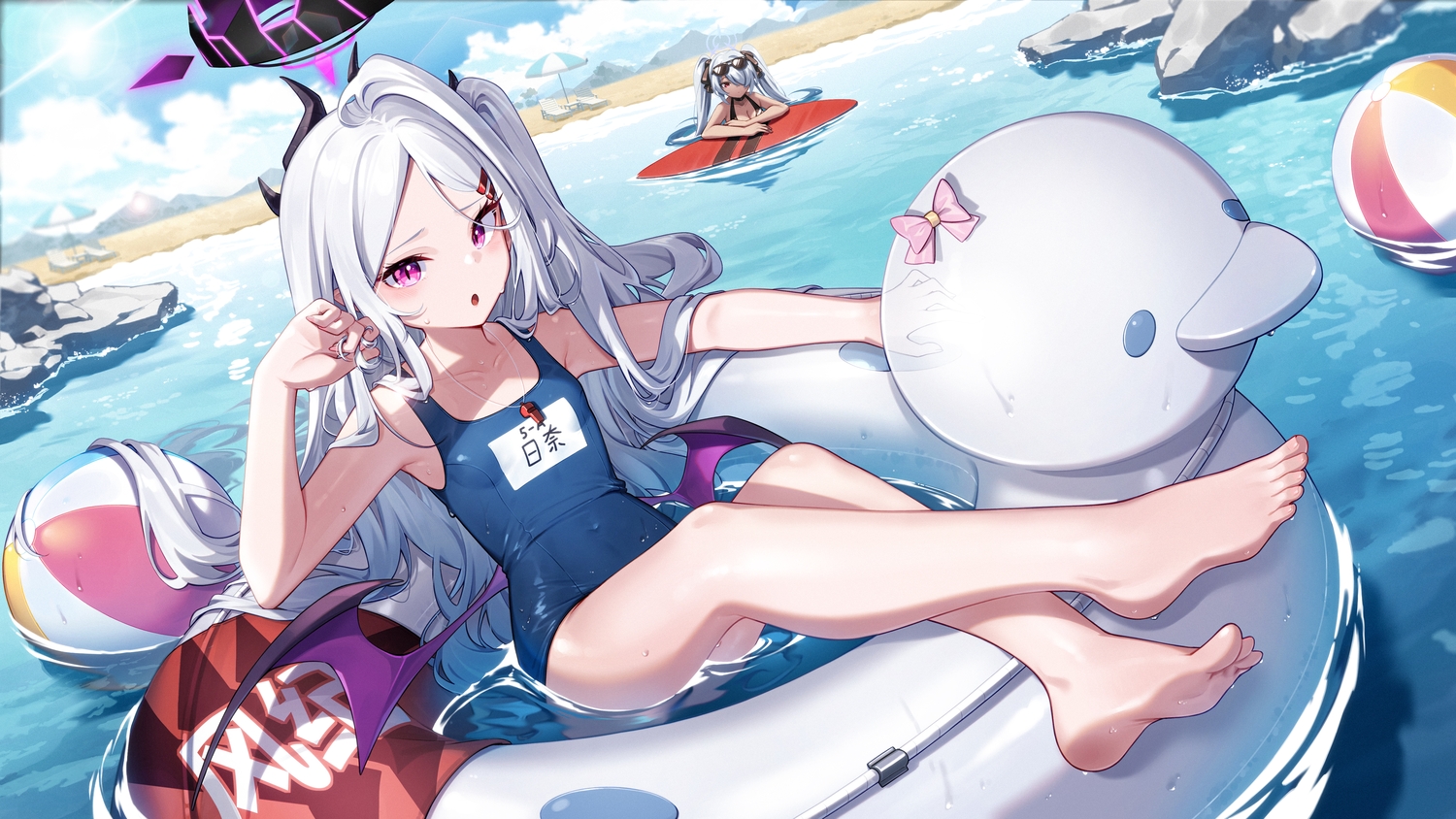 2girls, ball, barefoot, beach, bikini, blue_archive, blush, bow, breasts, choker, cleavage, clouds, dango_remi, dark_skin, gray_hair, halo, horns, long_hair, pointed_ears, ponytail, purple_eyes, red_eyes, school_swimsuit, shiromi_iori, sky, sorasaki_hina, sunglasses, swim_ring, swimsuit, twintails, umbrella, water, wings