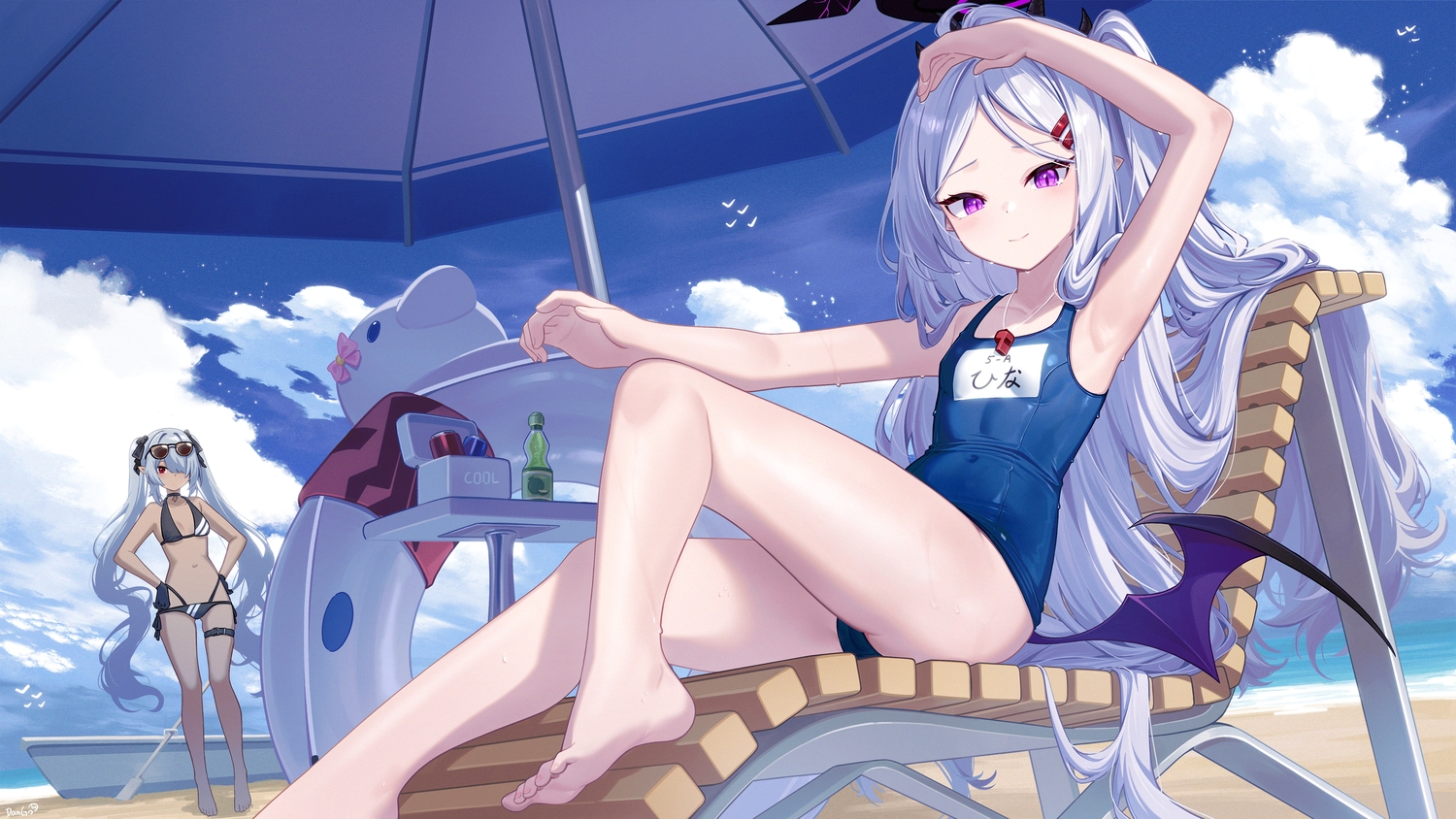2girls, barefoot, beach, bikini, blue_archive, boat, bow, choker