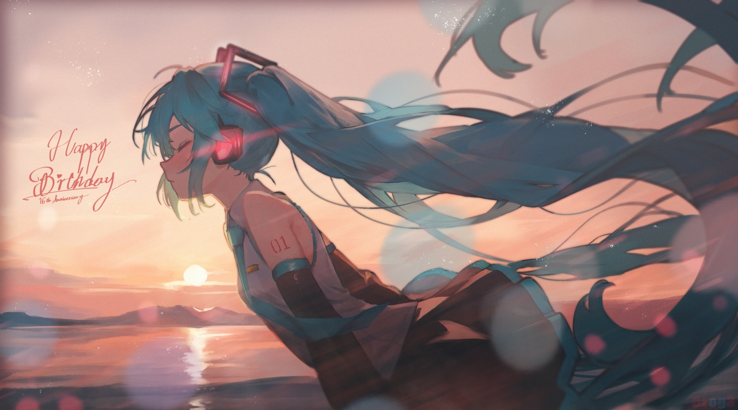 aqua_hair, clouds, deog3, dress, hatsune_miku, headphones, long_hair, shirt, sky, tattoo, tie, twintails, vocaloid, watermark