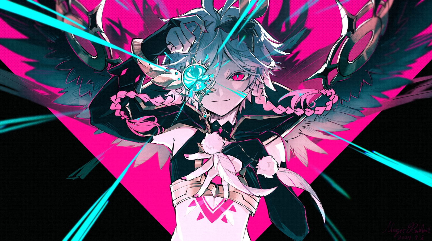 all_male, barbatos_(genshin_impact), braids, elbow_gloves, feathers, genshin_impact, gloves, long_hair, magic, magicrabbit49586, male, polychromatic, red_eyes, sketch, tattoo, twintails, venti_(genshin_impact), white_hair, wings, wristwear