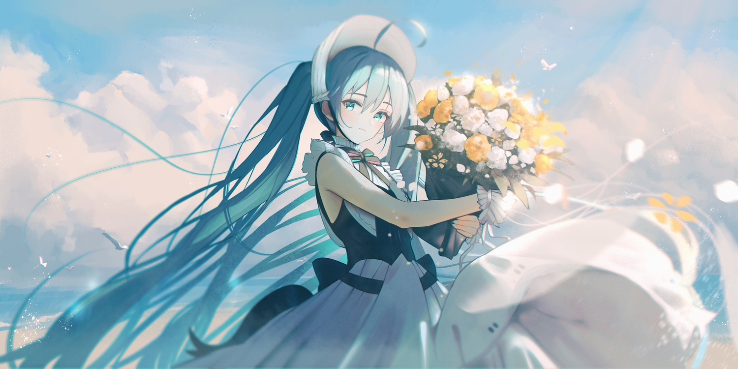 aqua_eyes, aqua_hair, bow, butterfly, clouds, deog3, dress, flowers, hatsune_miku, headdress, lolita_fashion, long_hair, miku_symphony_(vocaloid), sky, twintails, vocaloid