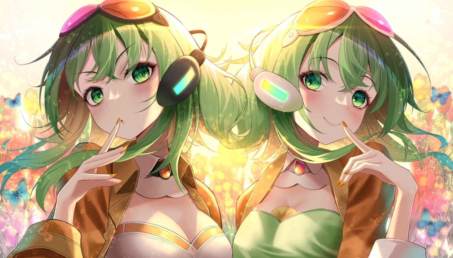 blush, breasts, butterfly, cleavage, close, flowers, green_eyes, green_hair