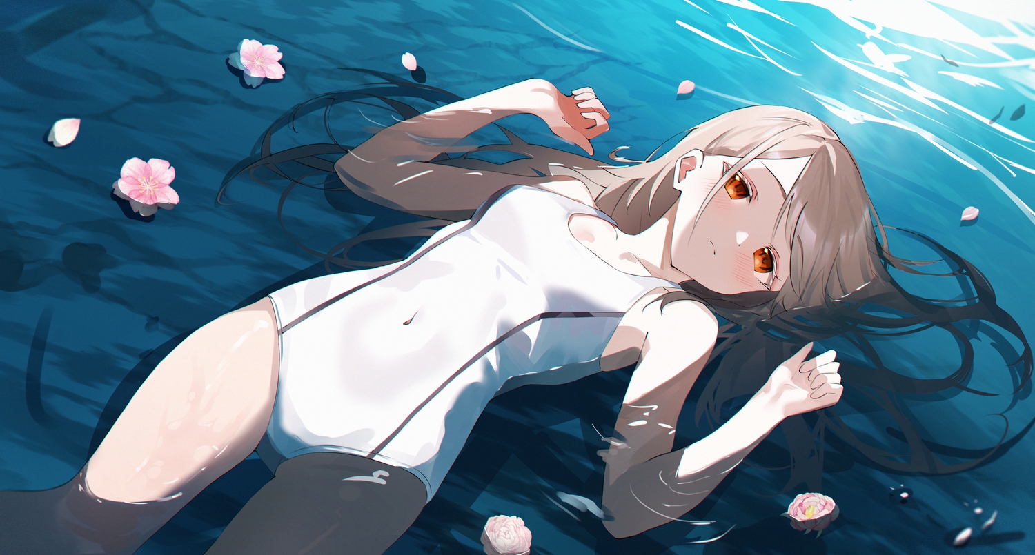 blush, brown_hair, flowers, gakuen_idolmaster, idolmaster, long_hair, petals, red_eyes, shinosawa_hiro, swimsuit, usagi_(786113654), water