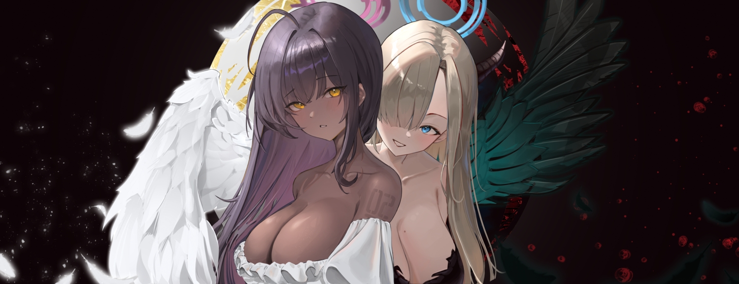 2girls, black, black_hair, blue_archive, blue_eyes, blush, breasts, brown_hair, cleavage, dark_skin, feathers, halo, ichinose_asuna, jesh_art, kakudate_karin, long_hair, wings, yellow_eyes