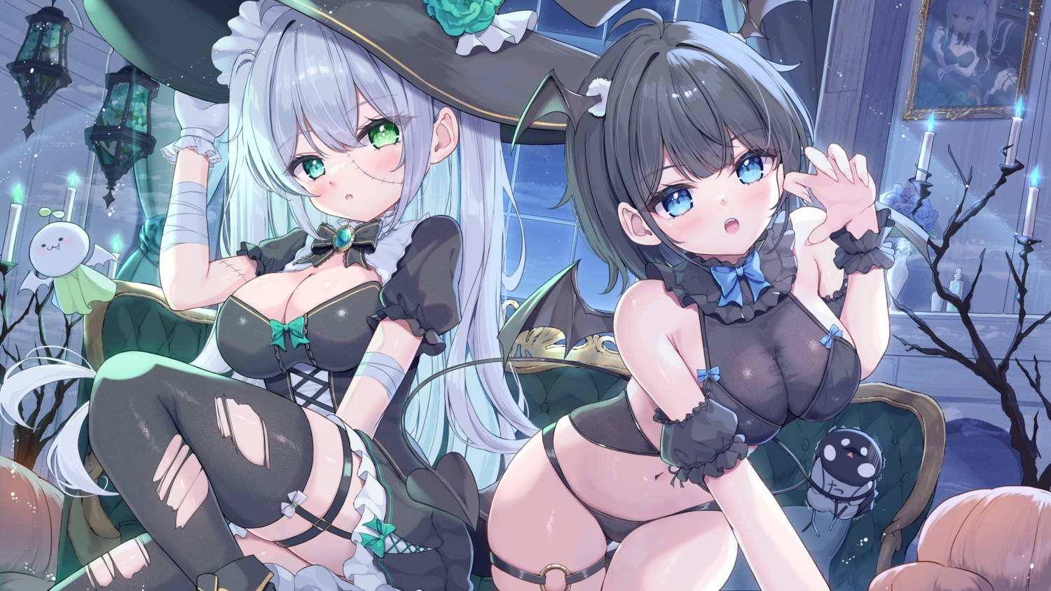 2girls, aliasing, animal, bandage, bicolored_eyes, bird, black_hair, blue_eyes