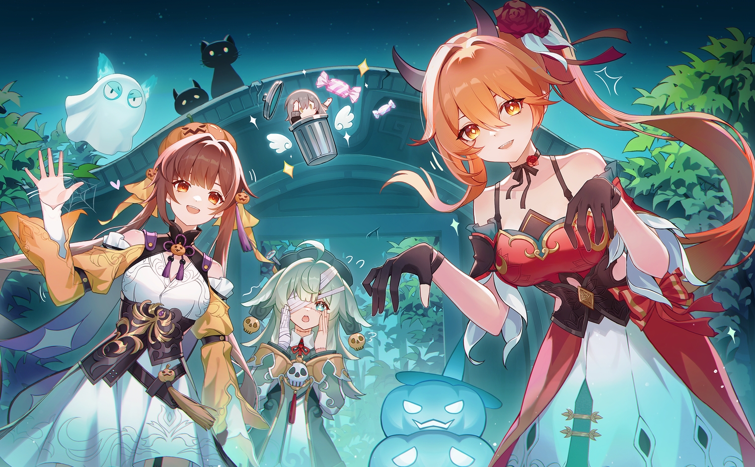 animal, animal_ears, aqua_eyes, bandage, bow, brown_eyes, brown_hair, candy, cat, chibi, chinese_clothes, choker, corset, cosplay, dress, eyepatch, foxgirl, garter_belt, gloves, gray_hair, green_hair, group, guinaifen_(honkai:_star_rail), halloween, hat, honkai_(series), honkai:_star_rail, horns, huang_tie_lin, huohuo_(honkai:_star_rail), leaves, loli, long_hair, night, orange_eyes, orange_hair, ponytail, pumpkin, red_eyes, ribbons, scar, sky, stars, stelle_(honkai:_star_rail), sushang_(honkai:_star_rail), trailblazer_(honkai:_star_rail), tree, twintails, wings