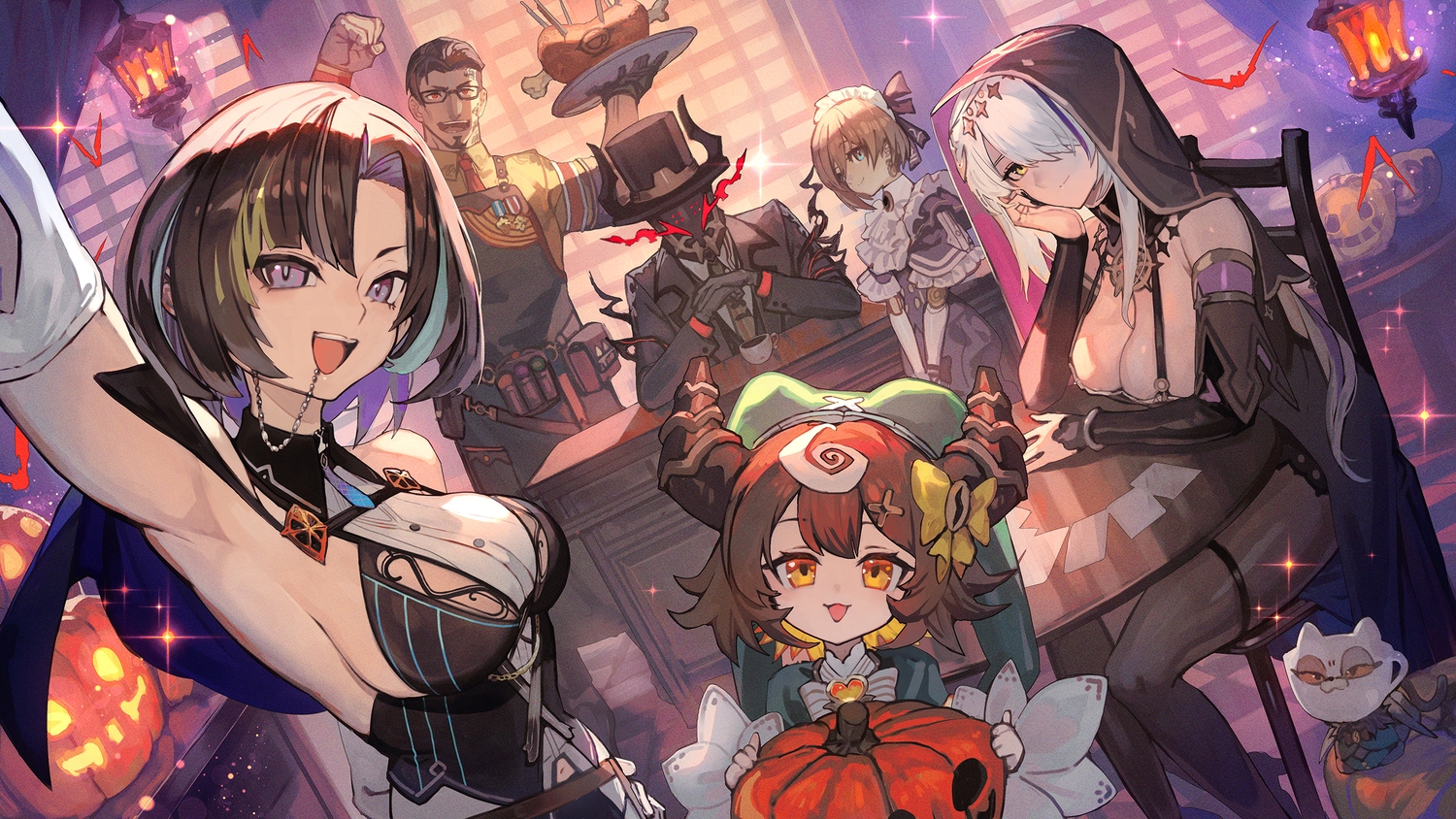 animal, apron, aqua_eyes, black_hair, bow, breasts, brown_hair, cape, cat_smile, cleavage, delicias_dellinger, demon, dress, drink, elbow_gloves, food, garter, glasses, gloves, grimoire_latte, group, halloween, hat, headdress, horns, lack, loli, maid, male, masuta_dexi, michel_(world_connect), navel, orange_eyes, pantyhose, pione_krone, pumpkin, purple_eyes, red_eyes, shirt, short_hair, sideboob, suit, tie, vivienne_mysteria, white_hair, world_connect, yellow_eyes