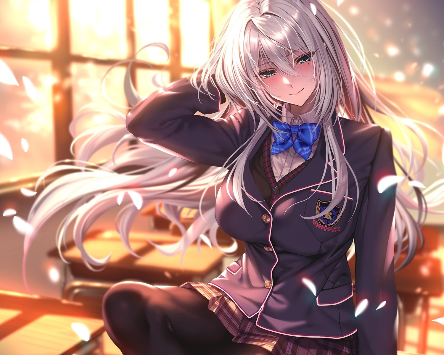 amagasa_tsuzuri, cherry_blossoms, cropped, flowers, gray_hair, green_eyes, hanikami_kanojo, long_hair