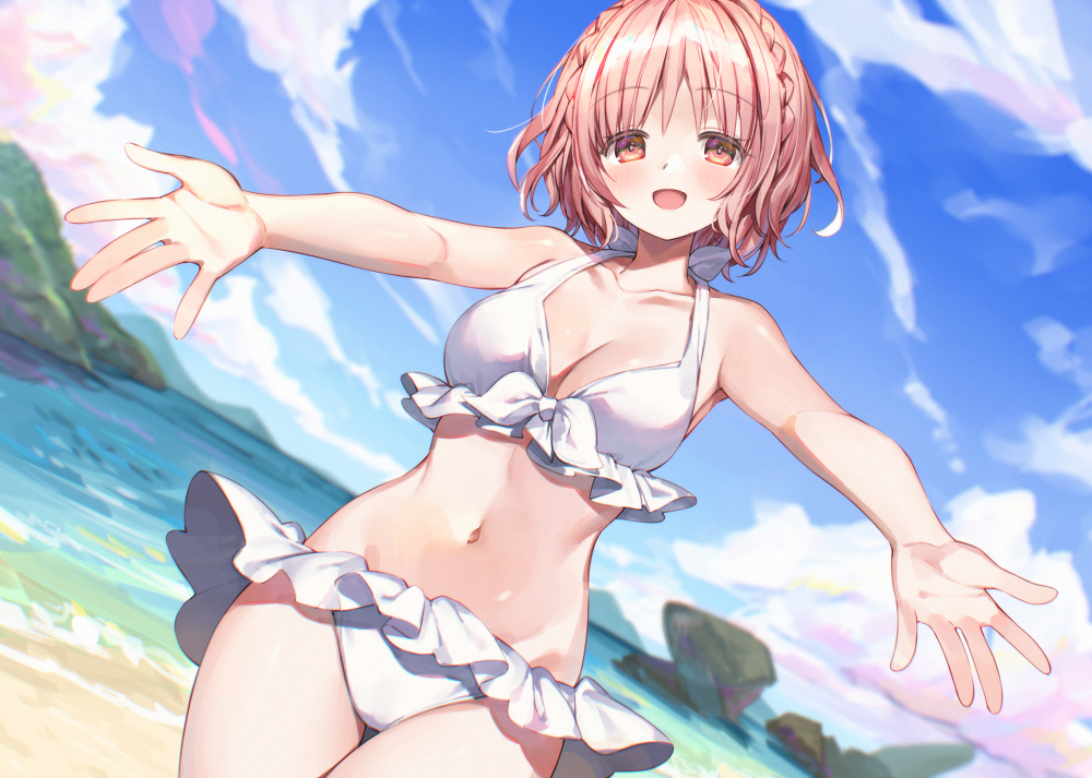 aliasing, beach, bikini, blush, braids, breasts, bucchake_(asami), cleavage